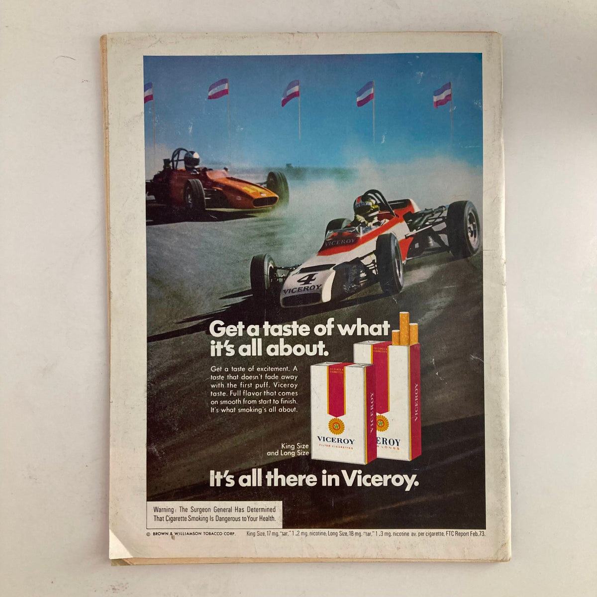 Back cover of VTG Newsweek Magazine September 3 1973 displaying an advertisement for Viceroy cigarettes along with an image of racing cars.