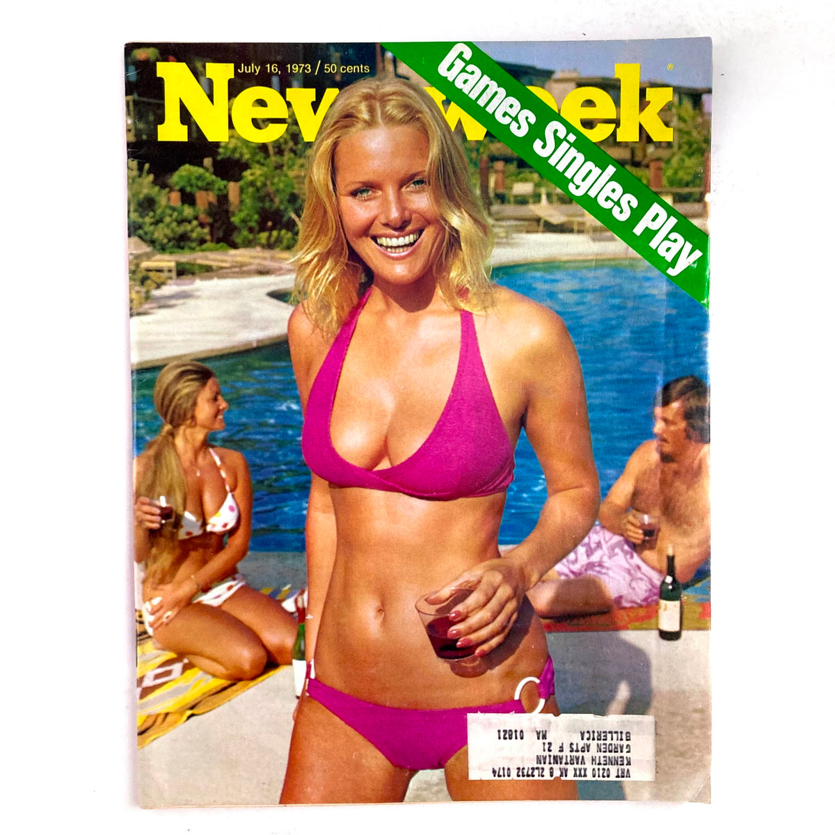 Cover of the VTG Newsweek Magazine from July 16, 1973 titled 'Playing Singles on the Road to Wedlock', featuring a smiling woman in a pink bikini by a pool with friends.