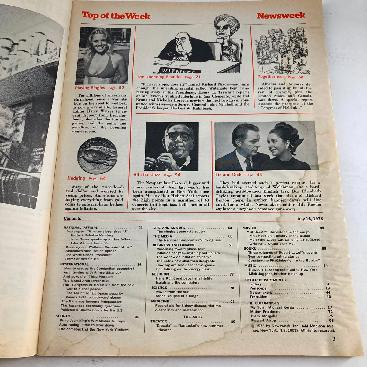 Contents page of the VTG Newsweek Magazine dated July 16, 1973, highlighting articles including 'Playing Singles' and various other features.