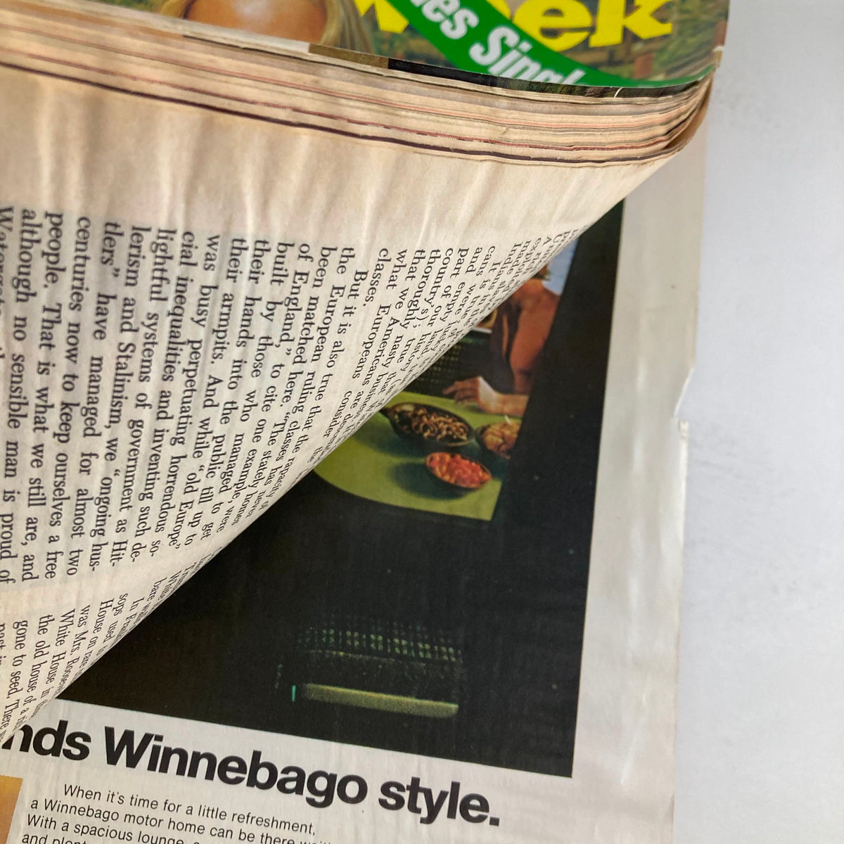 Interior image of the VTG Newsweek Magazine from July 16, 1973, showing a partially turned page with text discussing lifestyle and advertisements.