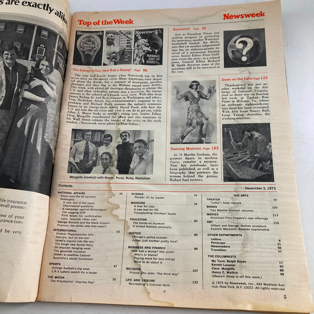 Interior page of VTG Newsweek Magazine December 3 1973 displaying the table of contents, including the feature on 'The Energy Crisis: How Bad a Slump?'