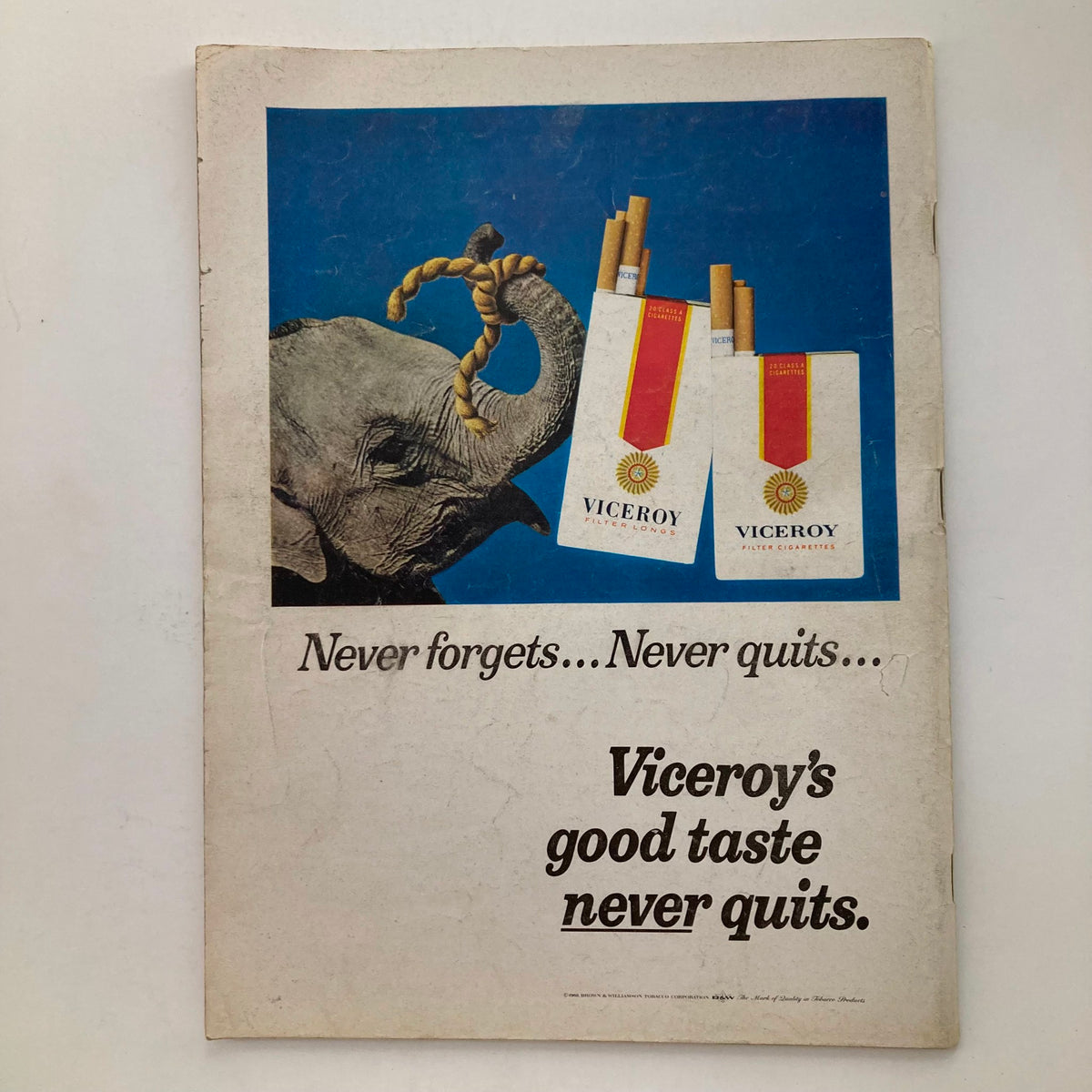 Cover of VTG Newsweek Magazine dated February 24, 1969, featuring Viceroy cigarettes advertisement with an elephant, showcasing the slogan 'Never forgets... Never quits... Viceroy's good taste never quits.'