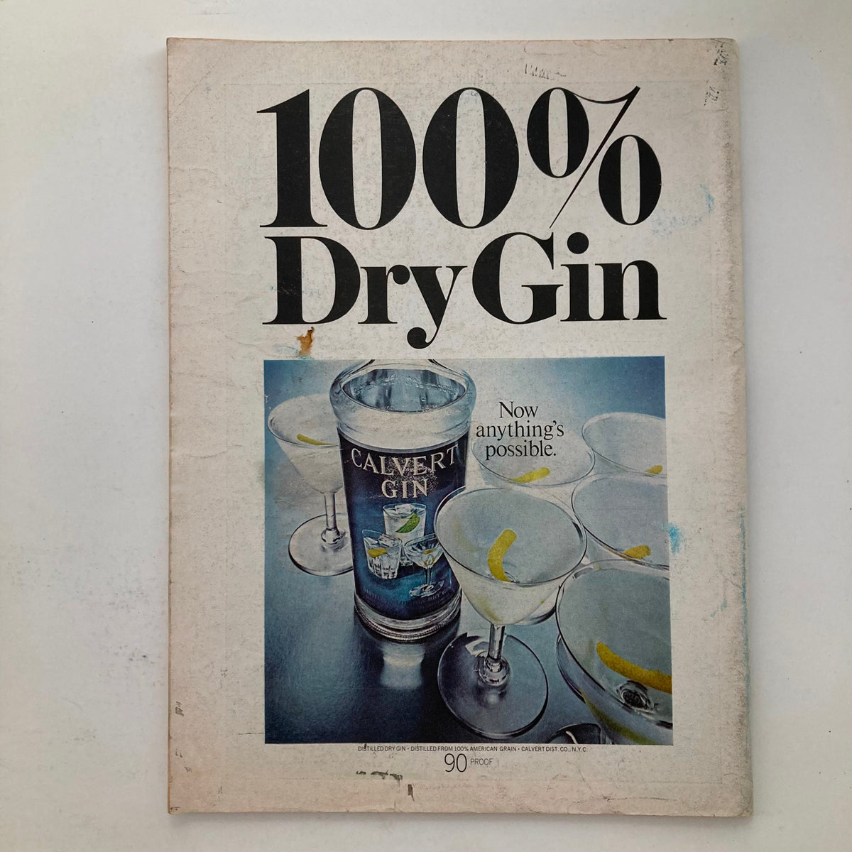 Back cover of the VTG Newsweek Magazine April 28 1969 with an advertisement for Calvert Gin, featuring a visual of cocktails and the tagline '100% Dry Gin'.