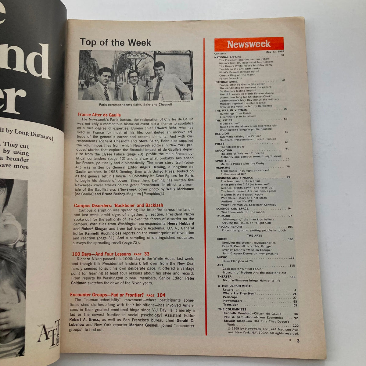 Interior page of VTG Newsweek Magazine May 12, 1969, featuring articles about France post-De Gaulle and major national affairs. Highlights political context relevant to candidate Georges Pompidou.