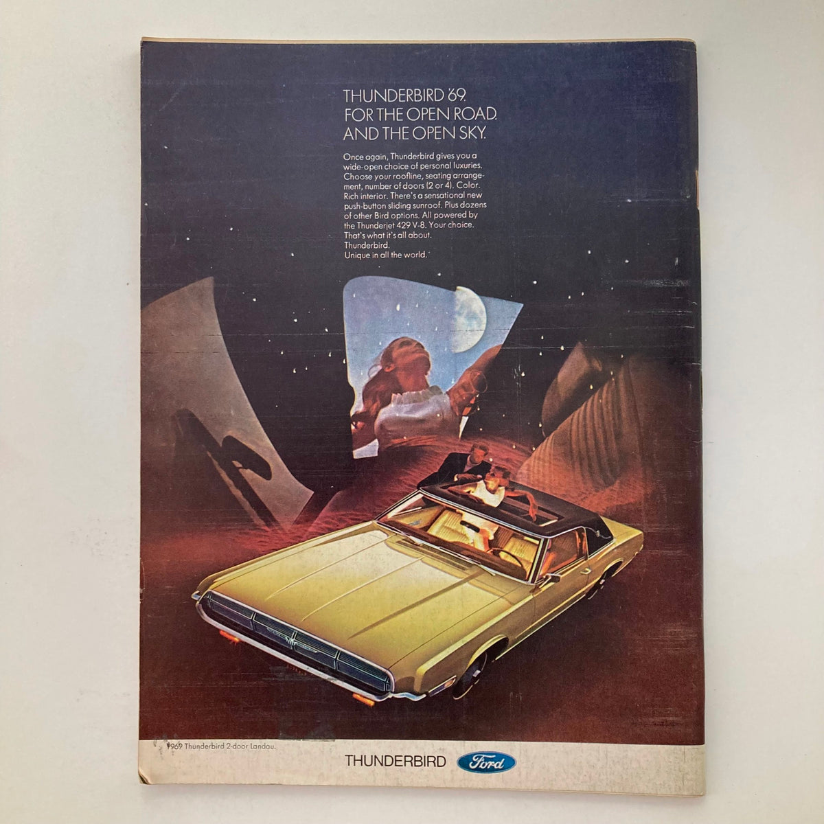 Back cover of VTG Newsweek Magazine May 12, 1969, showcasing an advertisement for the Ford Thunderbird, highlighting the car's features and lifestyle appeal.