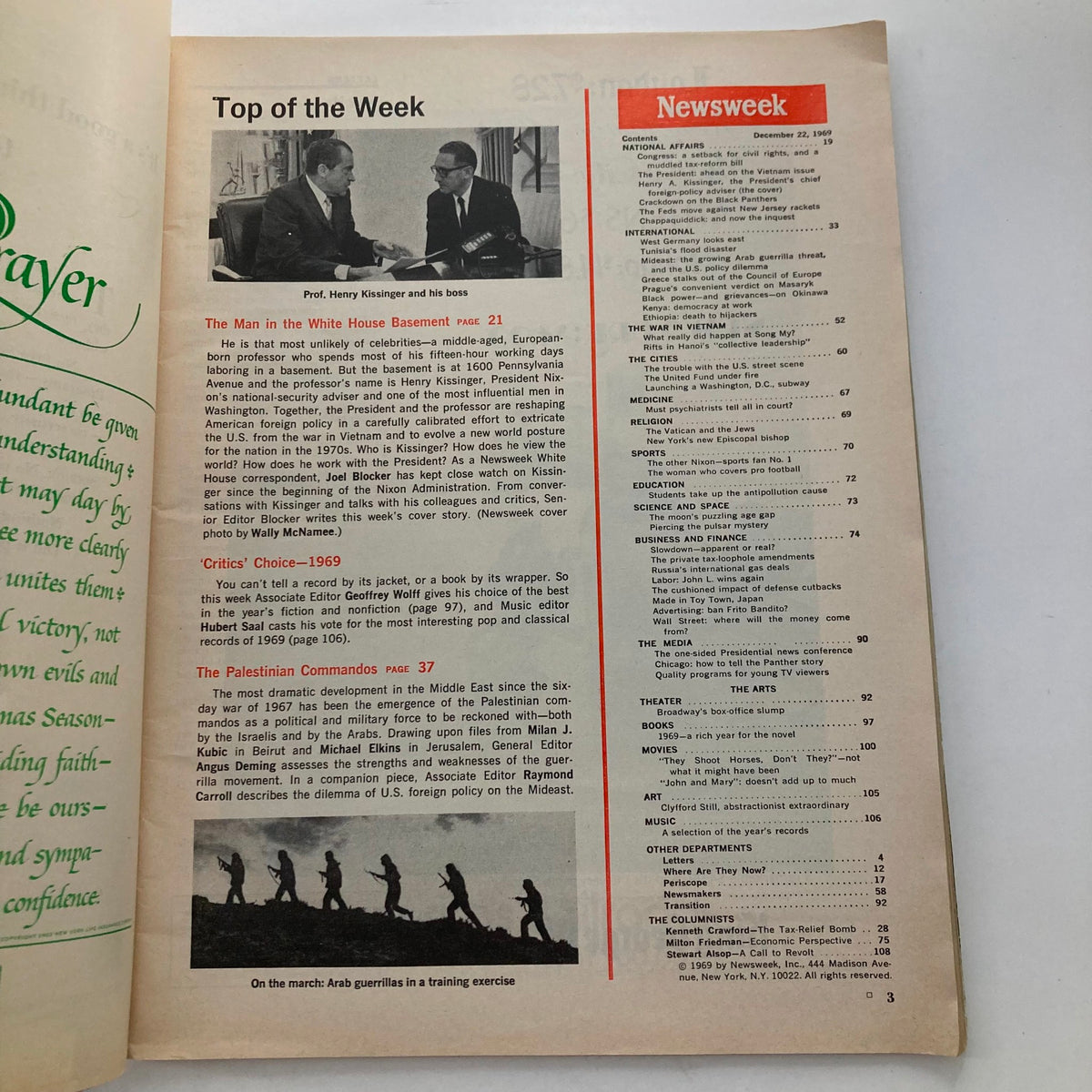 Inside page of VTG Newsweek Magazine December 22, 1969 detailing articles on Henry A. Kissinger and U.S. foreign policy with a vintage design.