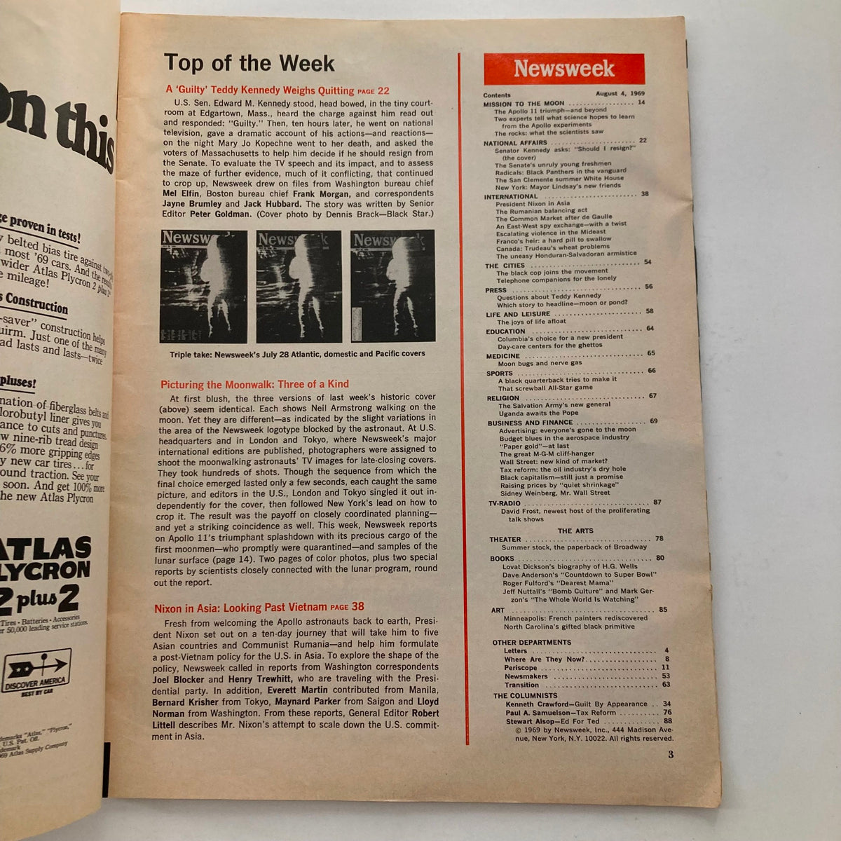 Interior page of the vintage Newsweek Magazine dated August 4, 1969, listing articles and features including 'A Guilty Ted Kennedy Weighs Quitting'.