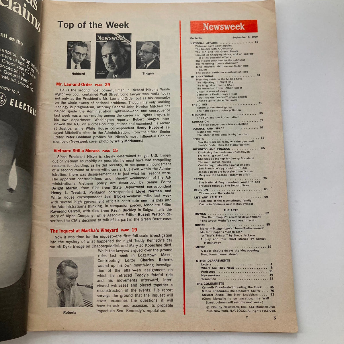 Inside page of VTG Newsweek Magazine September 8, 1969 showing contents and articles including Attorney General John Mitchell's profile.