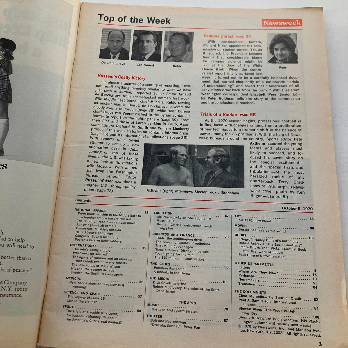 Inside page of the VTG Newsweek Magazine from October 5 1970, highlighting the article 'Trials of a Rookie' about Pittsburgh's Terry Bradshaw and the NFL.