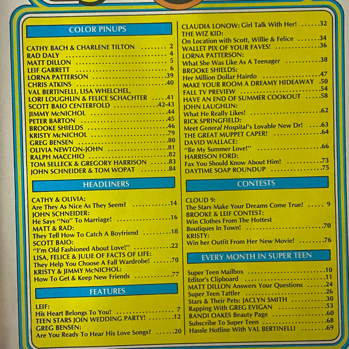 Contents page of SuperTeen Magazine November 1980 listing various celebrities, features, and color pinups.