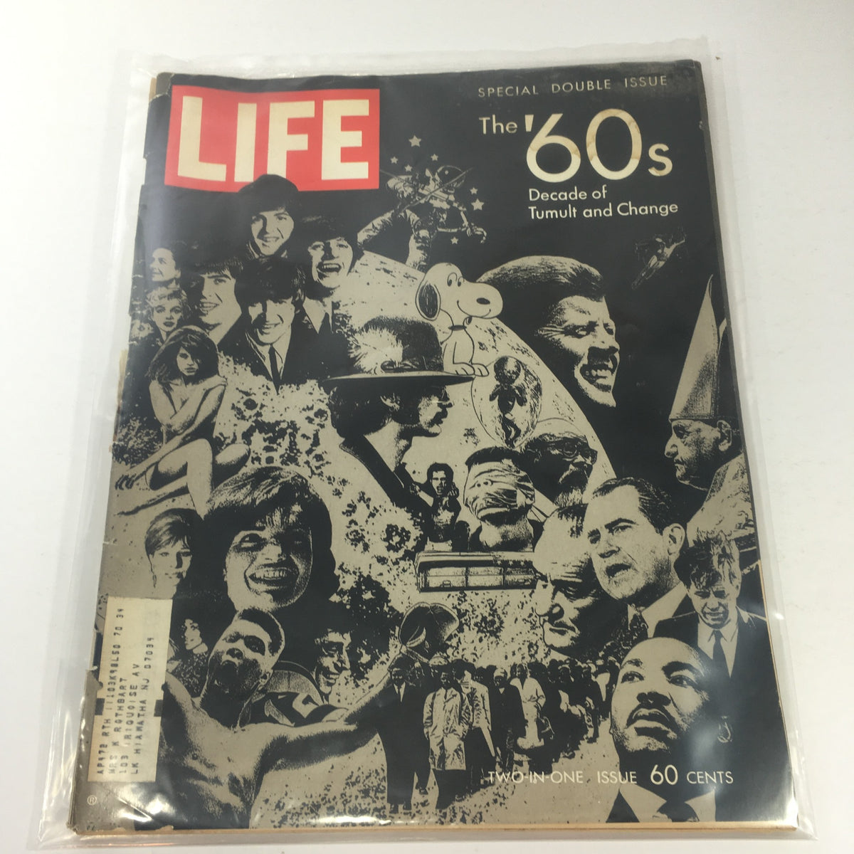 Vintage Life Magazine Cover from December 26, 1969, featuring the headline 'The 60's Decade of Tumult and Change', showcasing significant cultural icons and events from the 1960s.