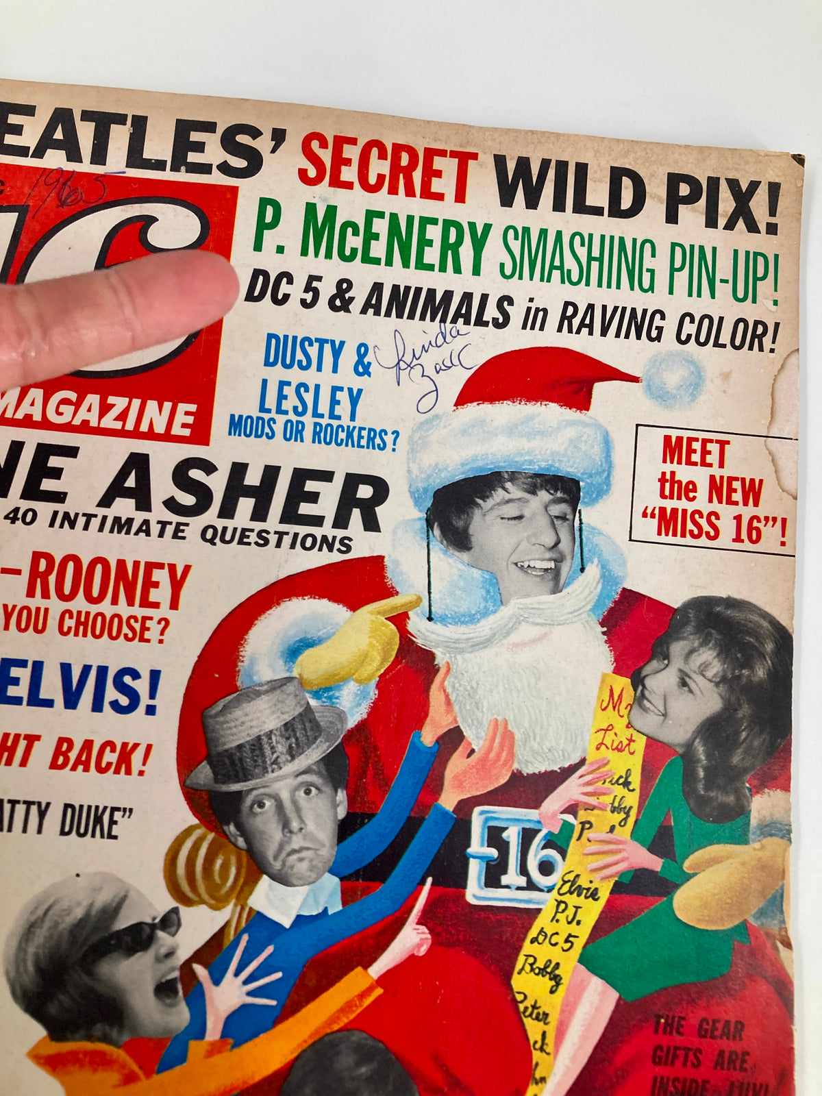 Close-up of the front cover of the VTG 16 Magazine January 1965, showcasing Jane Asher, with details about intimate questions and various artists of the 1960s music scene.