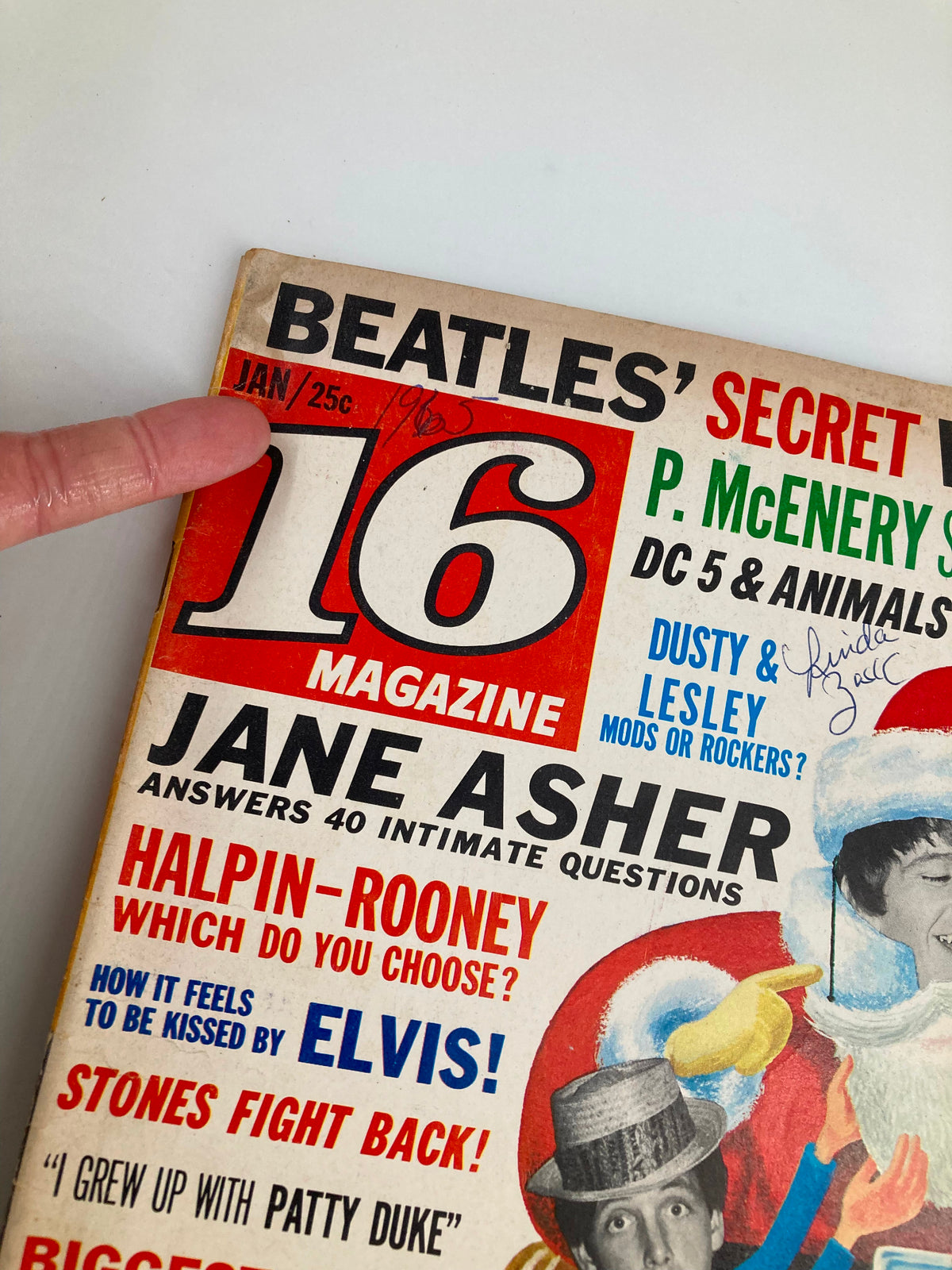 Cover of VTG 16 Magazine from January 1965 featuring Jane Asher, highlighting articles about The Beatles, Elvis Presley, and other iconic artists of the 1960s.
