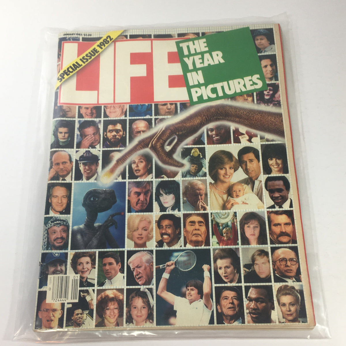 Vintage Life Magazine cover from January 1983 titled 'The Year In Pictures Of The Year 1982', featuring a collage of notable personalities and events from 1982, encapsulated in an eye-catching design.