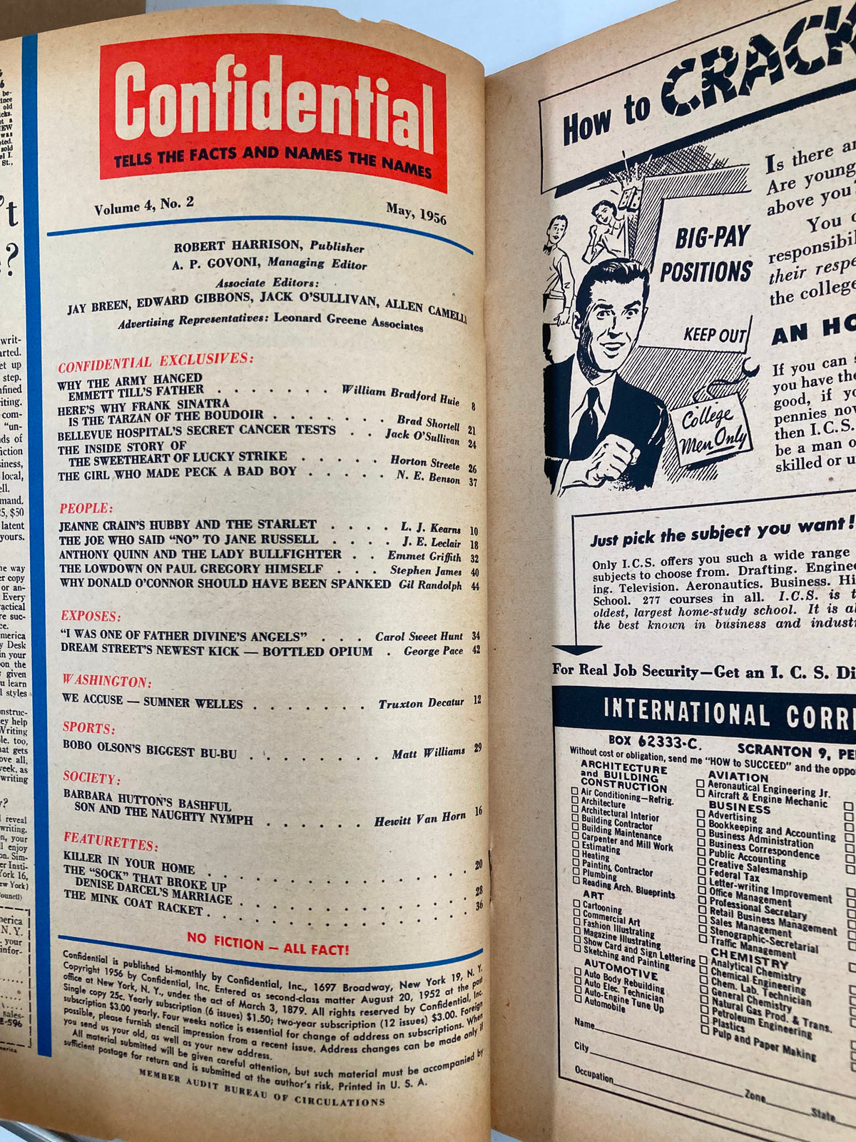 Inside spread of VTG Confidential Magazine May 1956 displaying magazine contents and features on Hollywood stars.