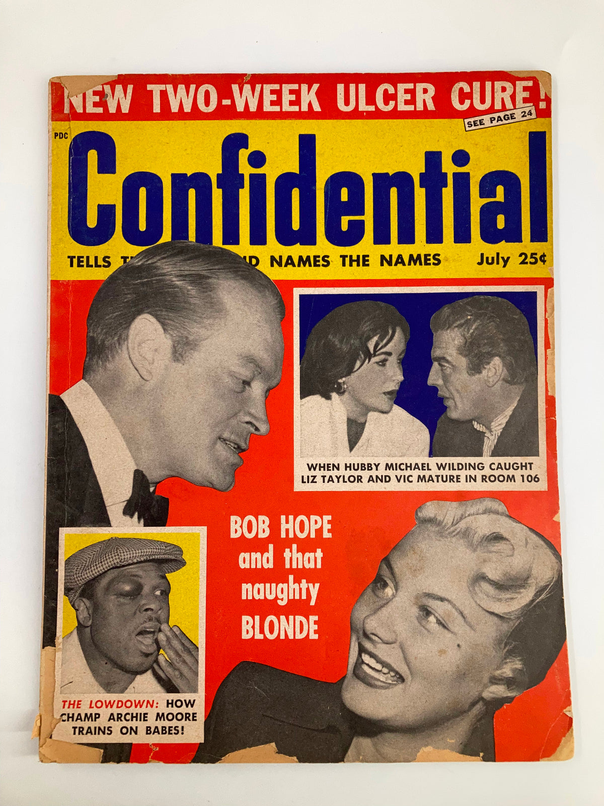 Cover of VTG Confidential Magazine from July 1956 featuring Bob Hope, Elizabeth Taylor, and Victor Mature, showcasing a colorful layout with bold headlines.