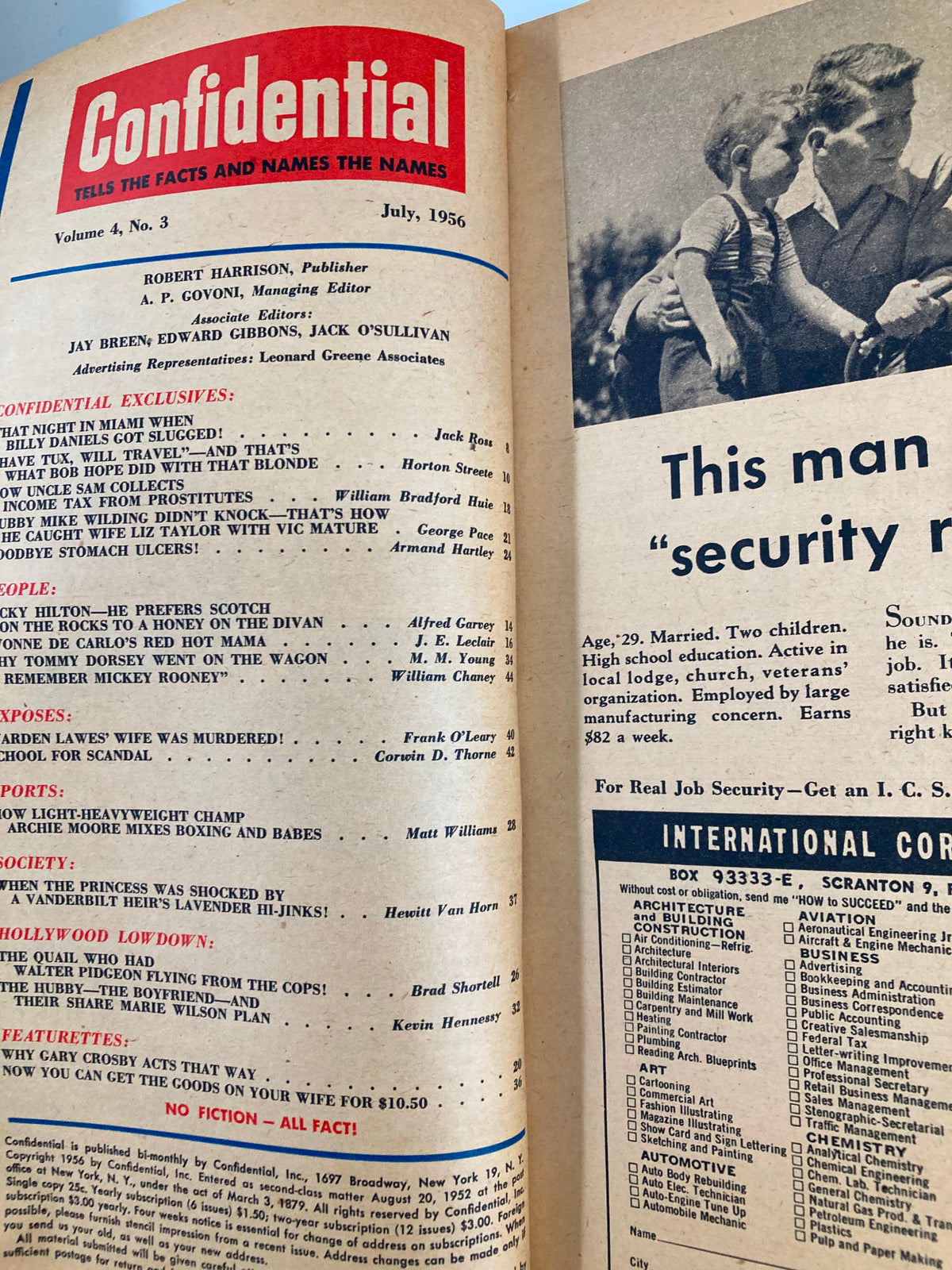 Table of contents page from VTG Confidential Magazine July 1956, listing exciting articles and features about stars of the era, offering a glimpse into classic cinema.