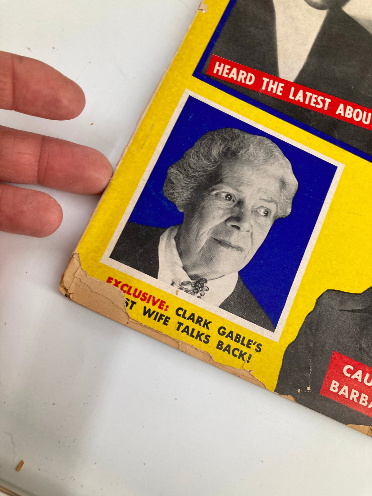 Close-up of the cover section from VTG Confidential Magazine March 1956, highlighting an exclusive story about Clark Gable’s first wife, surrounded by vintage advertisements, perfect for vintage magazine enthusiasts.