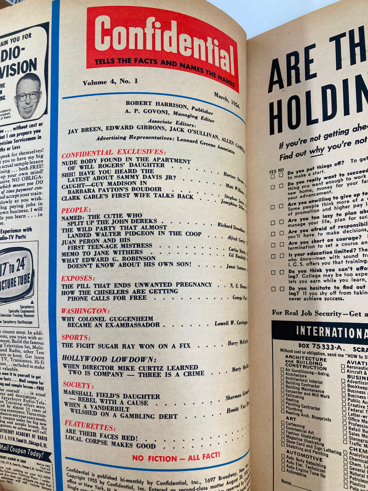 Inside page of VTG Confidential Magazine March 1956, displaying editorial content with celebrity features and exclusive articles, representing the vibrant journalism of the 1950s.