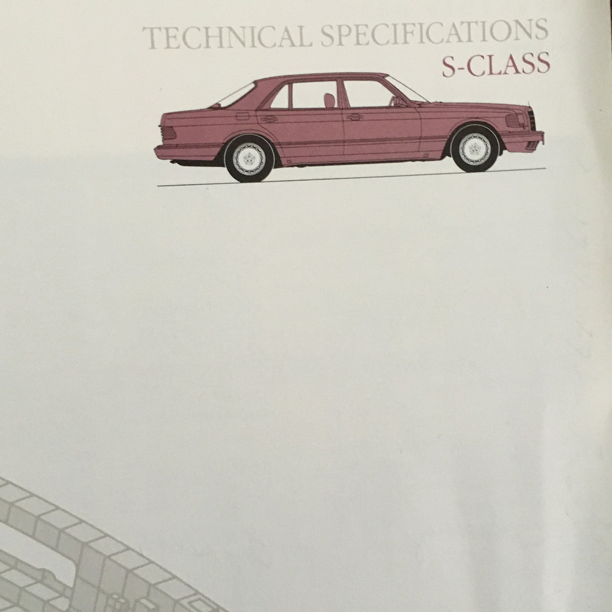 1987 Mercedes-Benz S-Class Specifications cover showcasing the vehicle's side profile illustration, part of the Dealership Car Auto Brochure Catalog.