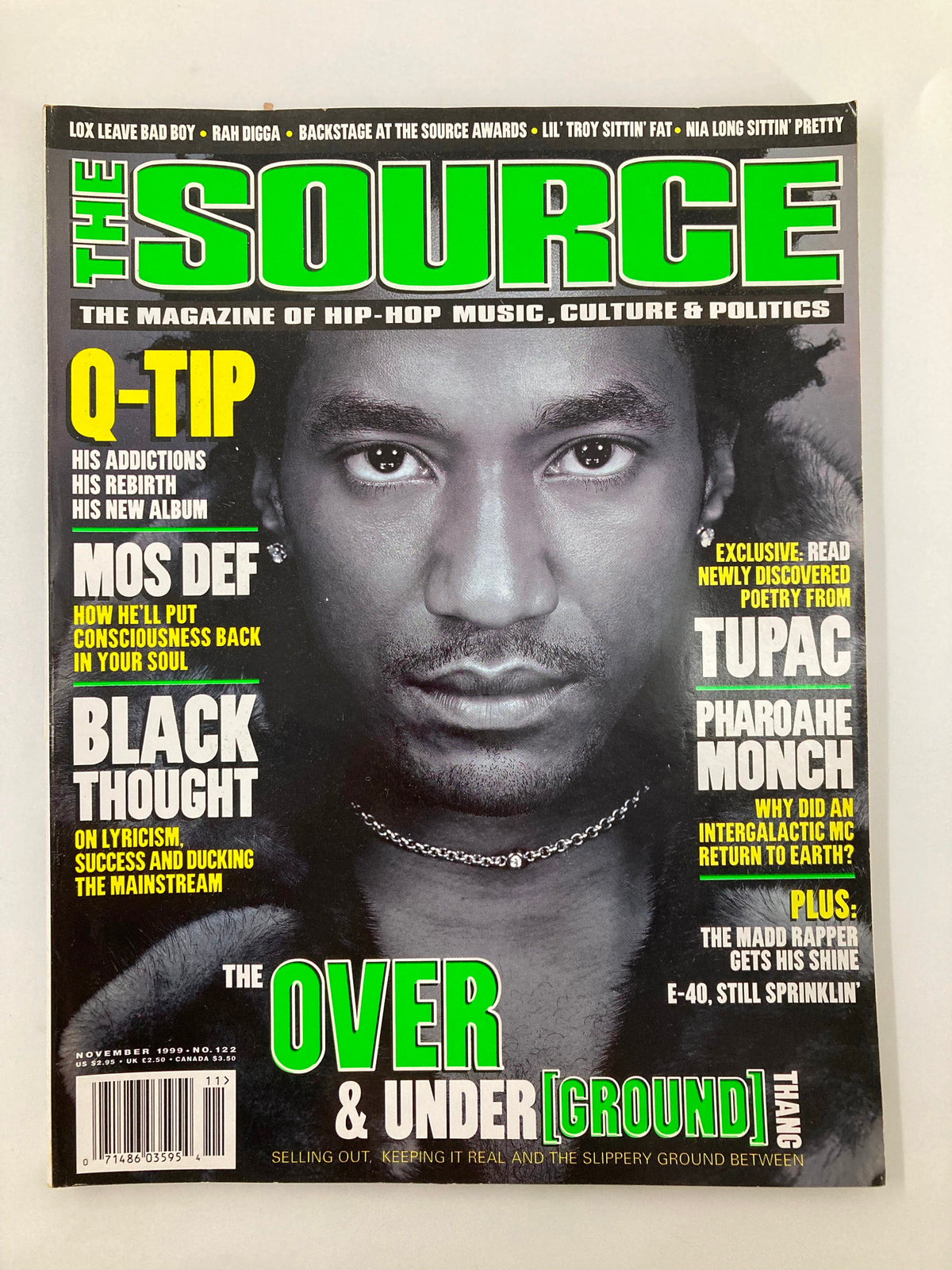 Cover of The Source Magazine, November 1999 issue featuring Q-Tip, discussing his addictions, rebirth, and new album. Other notable themes include Mos Def and Tupac.