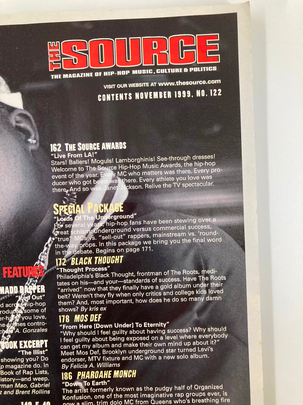 Second section of the contents page from The Source Magazine, November 1999 issue, detailing articles and features related to hip-hop music culture.