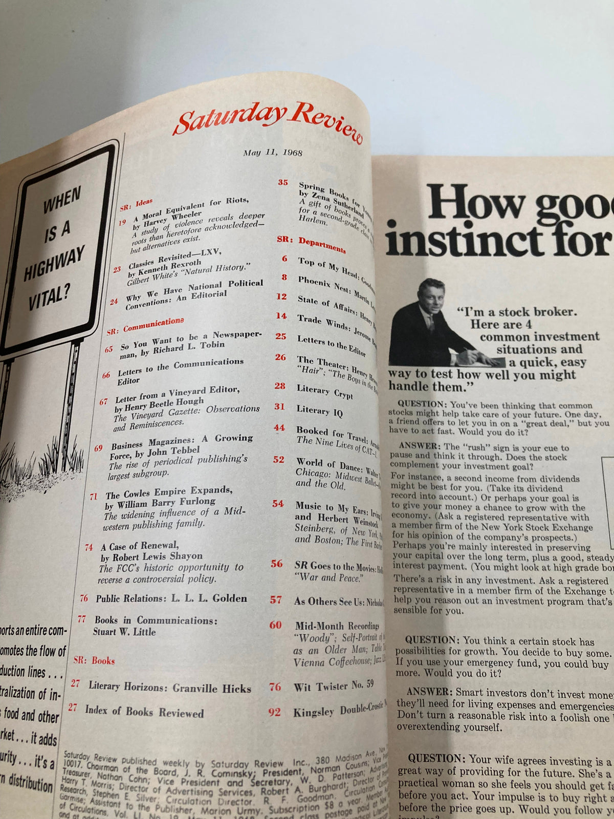 Interior page of VTG Saturday Review Magazine May 11 1968 displaying contents and article titles, including 'A Moral Equivalent for Riots' by Harvey Wheeler, reflecting social discussions of the era.