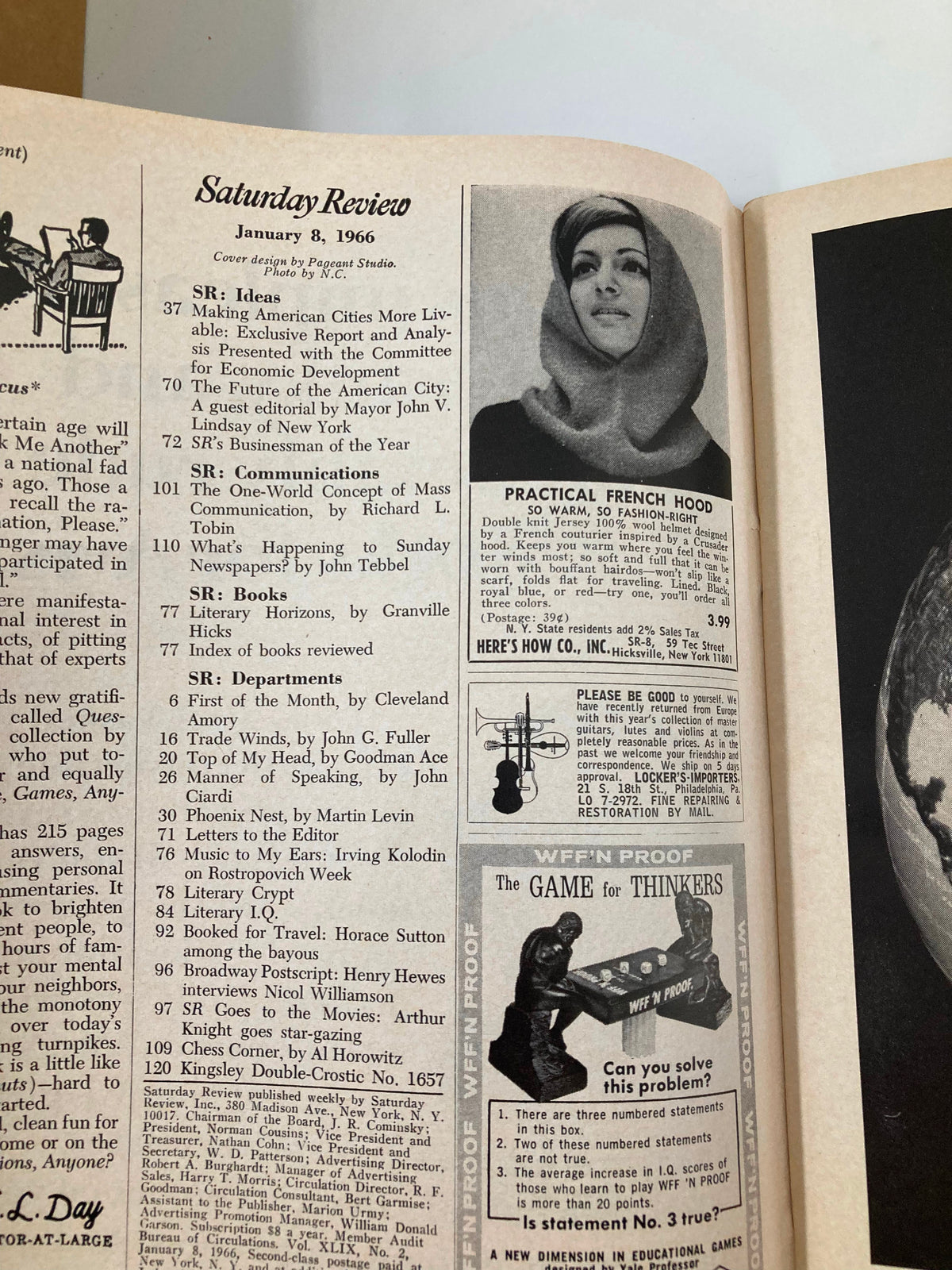 Interior page of VTG Saturday Review Magazine from January 8, 1966 featuring articles and advertisements, including 'Making American Cities More Livable' and a practical French hood fashion item.