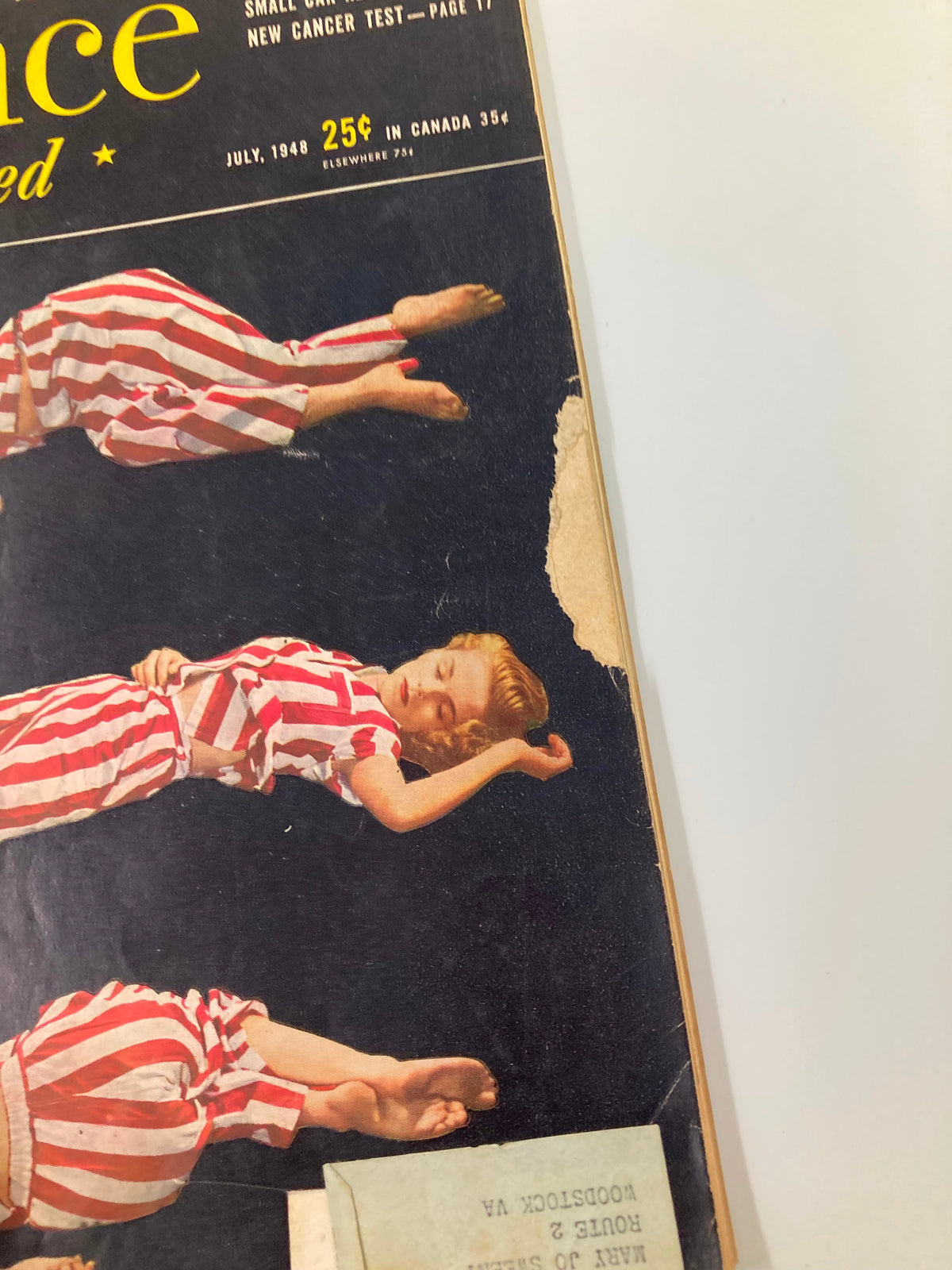 Cover of VTG Science Illustrated Magazine July 1948, featuring a vintage illustration of children in striped pajamas sleeping, symbolizing themes from the issue about Your Mind, Your Body and Your Sleep.