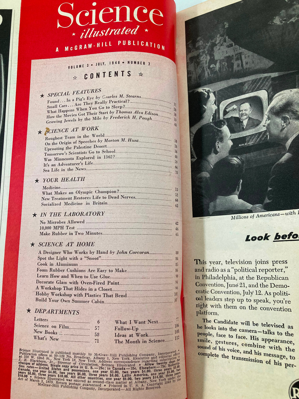 Inside contents page of VTG Science Illustrated Magazine July 1948, detailing articles related to science, health, and wellness, including topics from Your Mind, Your Body and Your Sleep.