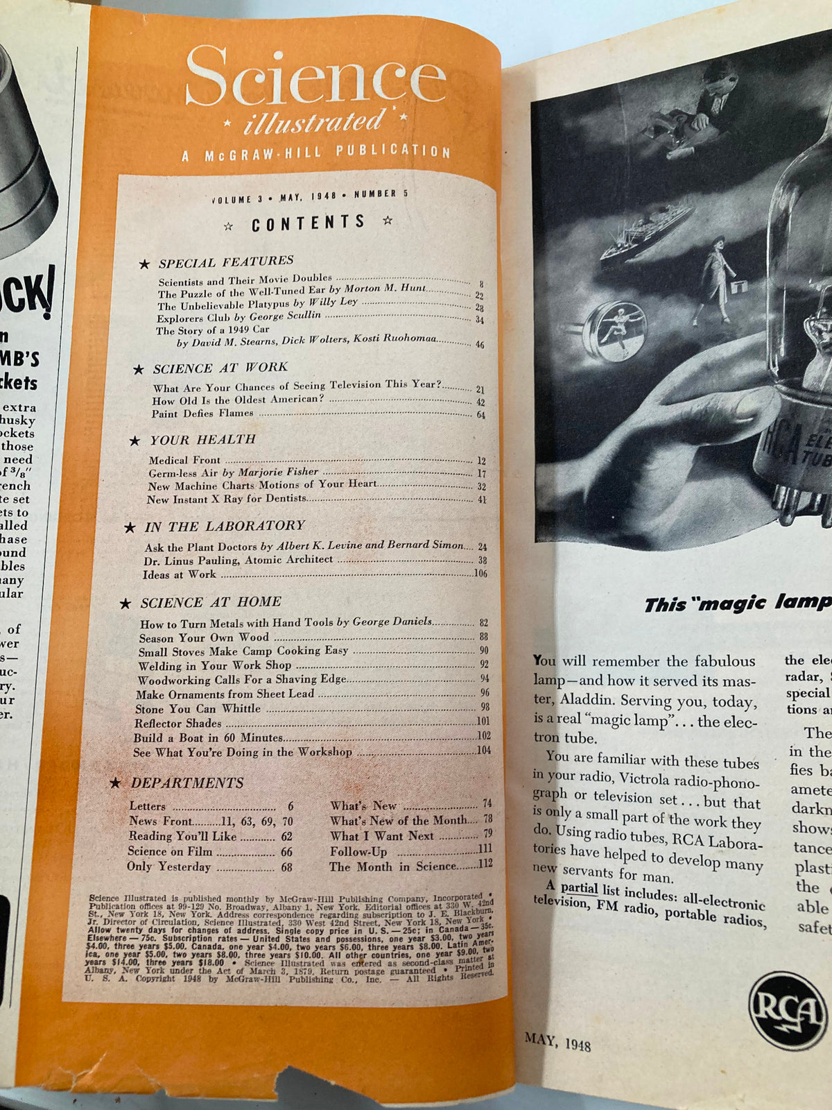 Table of contents page from Science Illustrated Magazine May 1948, listing articles including special features and science topics, indicative of post-war American interests in technology and culture.