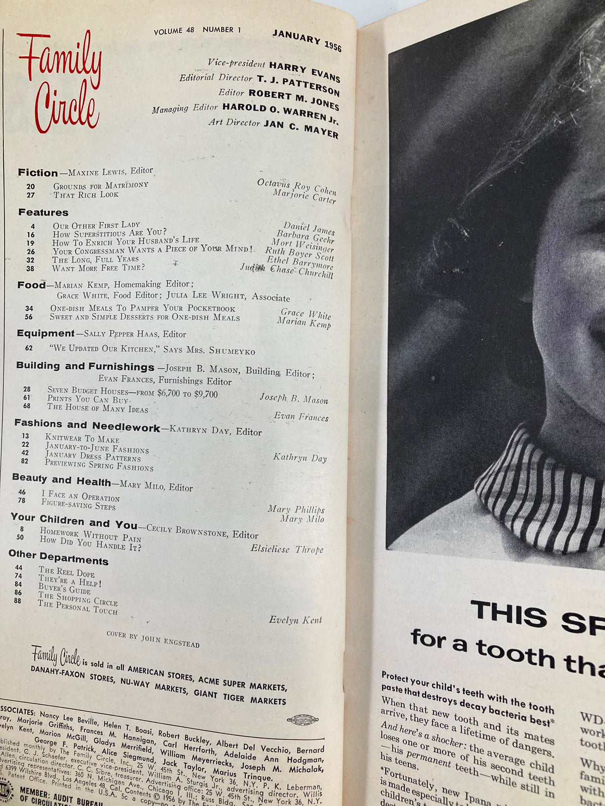 Interior page layout of VTG Family Circle Magazine January 1956 showcasing the table of contents and editorial team information.
