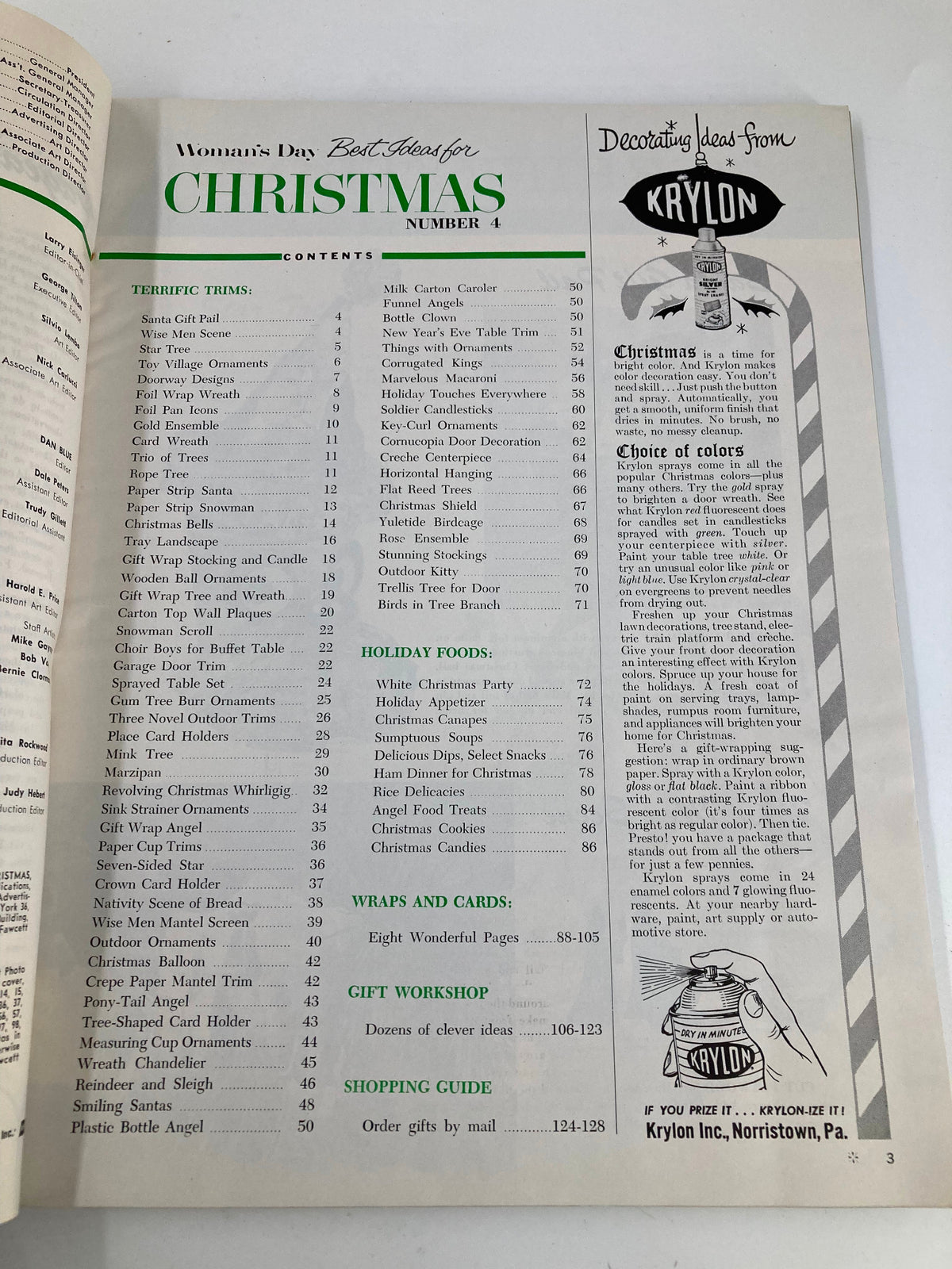 Vintage Woman's Day Magazine No. 4 featuring Christmas decorations, including a table of contents listing tips for holiday crafting, wreaths, and gift ideas.