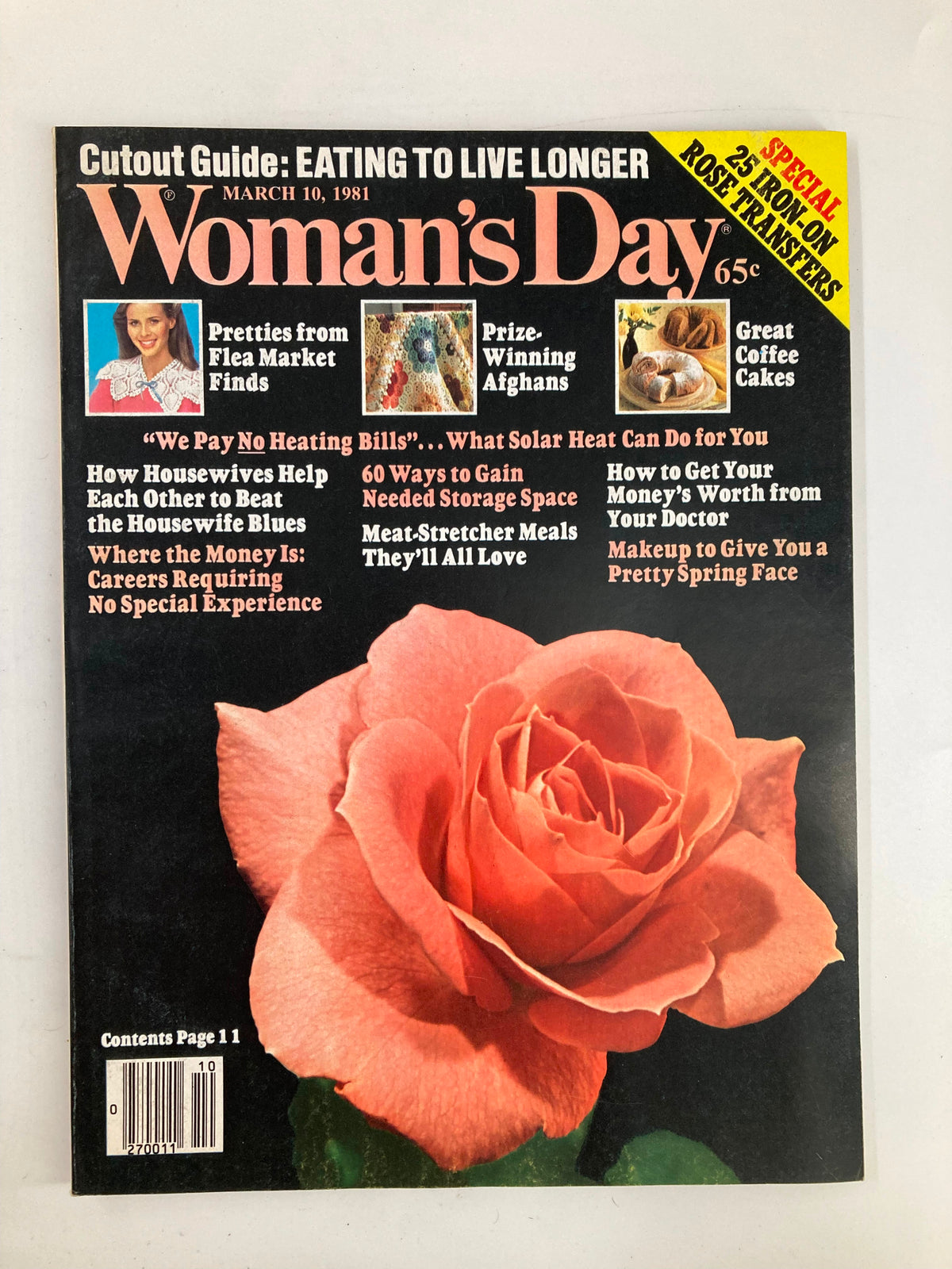 Cover of Woman's Day Magazine March 10 1981 showcasing themes like flea market finds, homemaking tips, and articles on energy savings with a rose graphic.