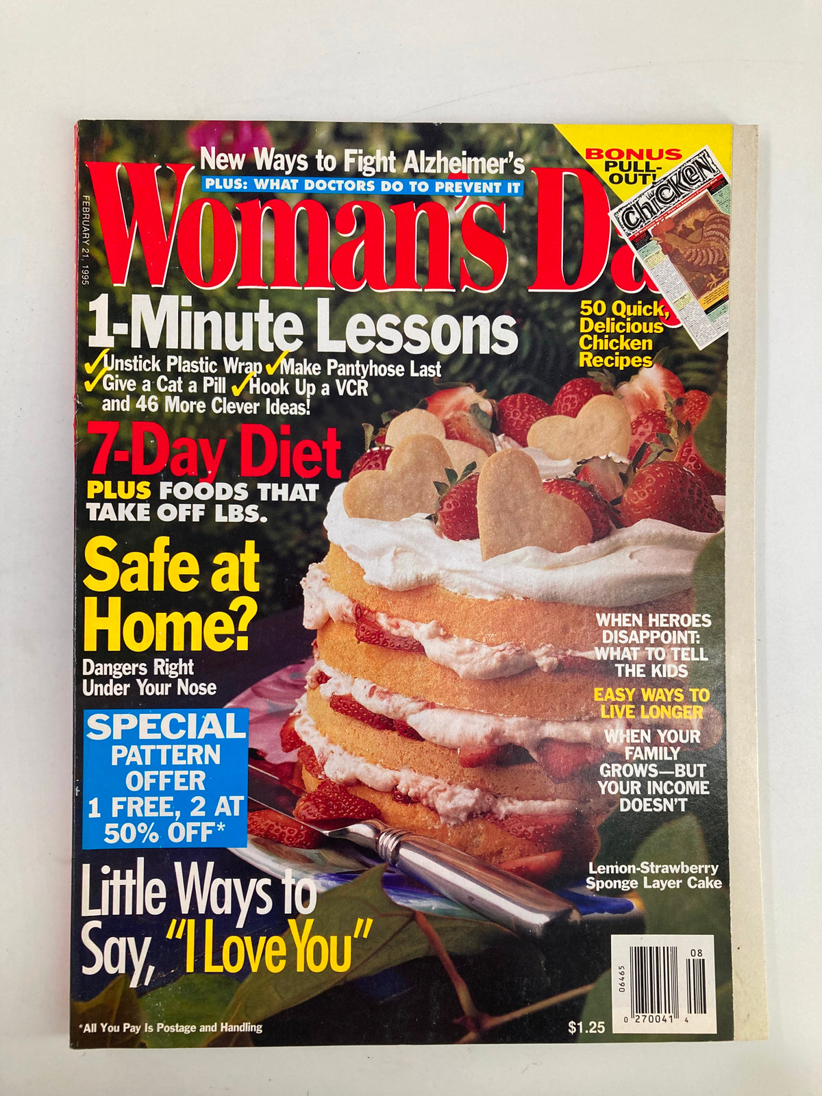Cover of Woman's Day Magazine February 21 1995 featuring articles on Alzheimer's, 1-Minute Lessons, and a 7-Day Diet, with a dessert on the cover.