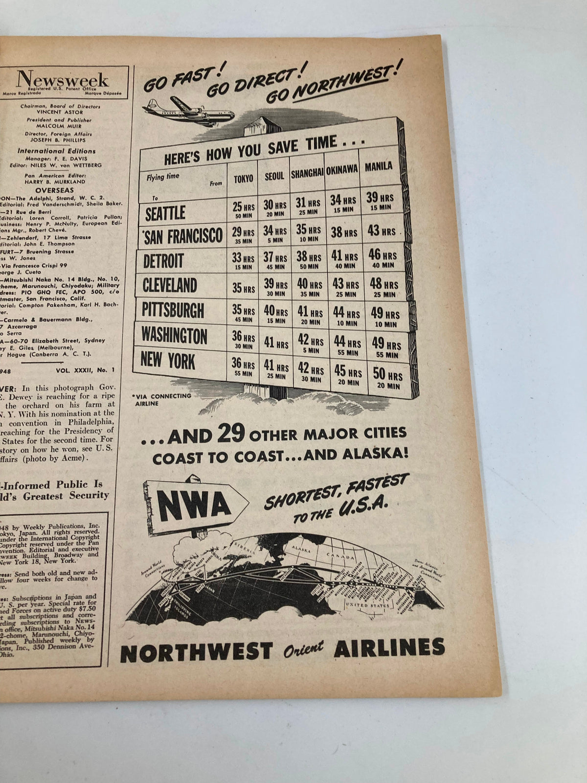 Advertisement page from VTG Pacific Newsweek Magazine July 5 1948 showcasing Northwest Orient Airlines flight schedules.