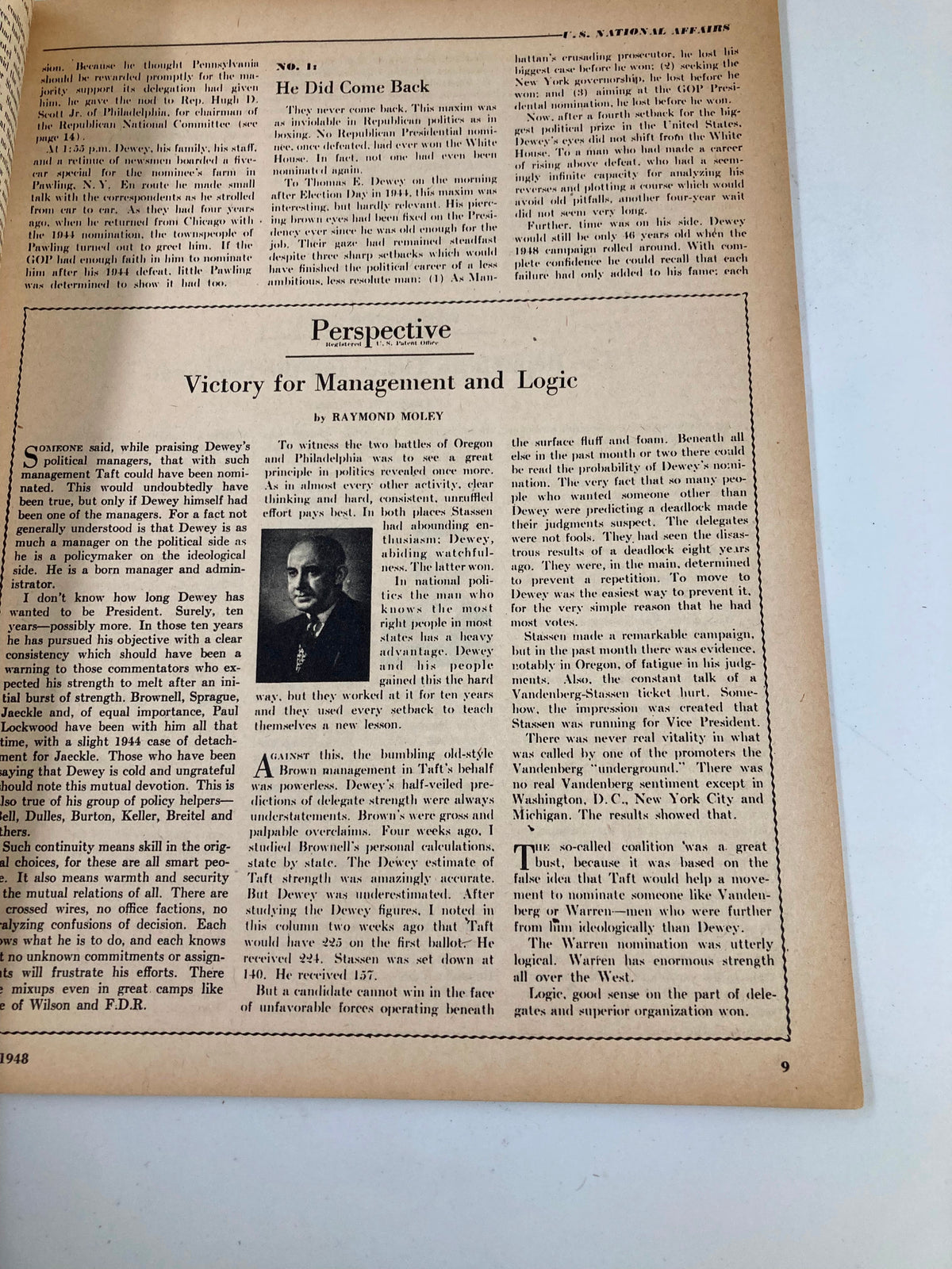 Page from VTG Pacific Newsweek Magazine July 5 1948 featuring an article titled 'Perspective,' analyzing political strategies.