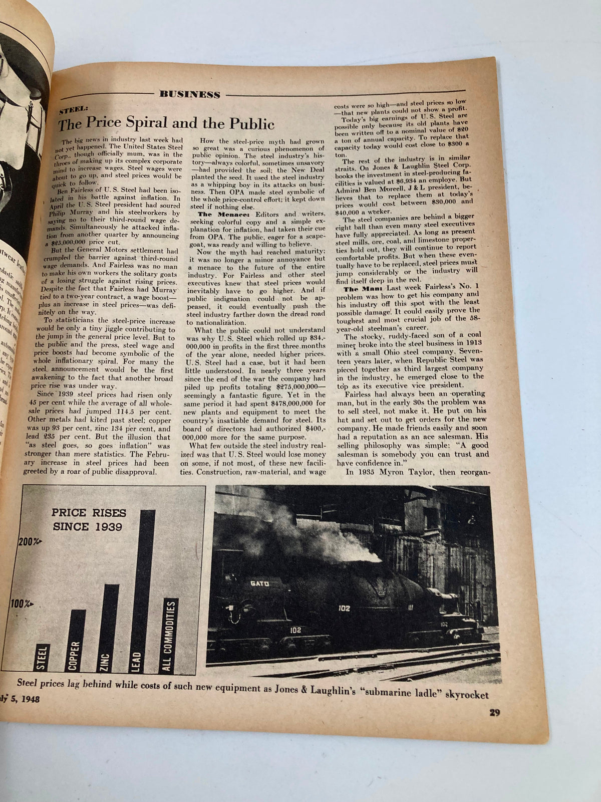 Business section of VTG Pacific Newsweek Magazine July 5 1948 focusing on economic topics, particularly steel pricing and public perception.