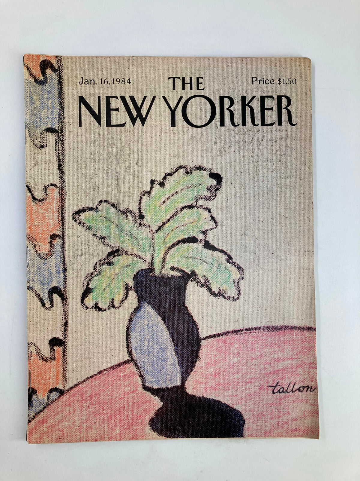Cover of The New Yorker Magazine from January 16, 1984, featuring a flower vase illustration by Robert Tallon.