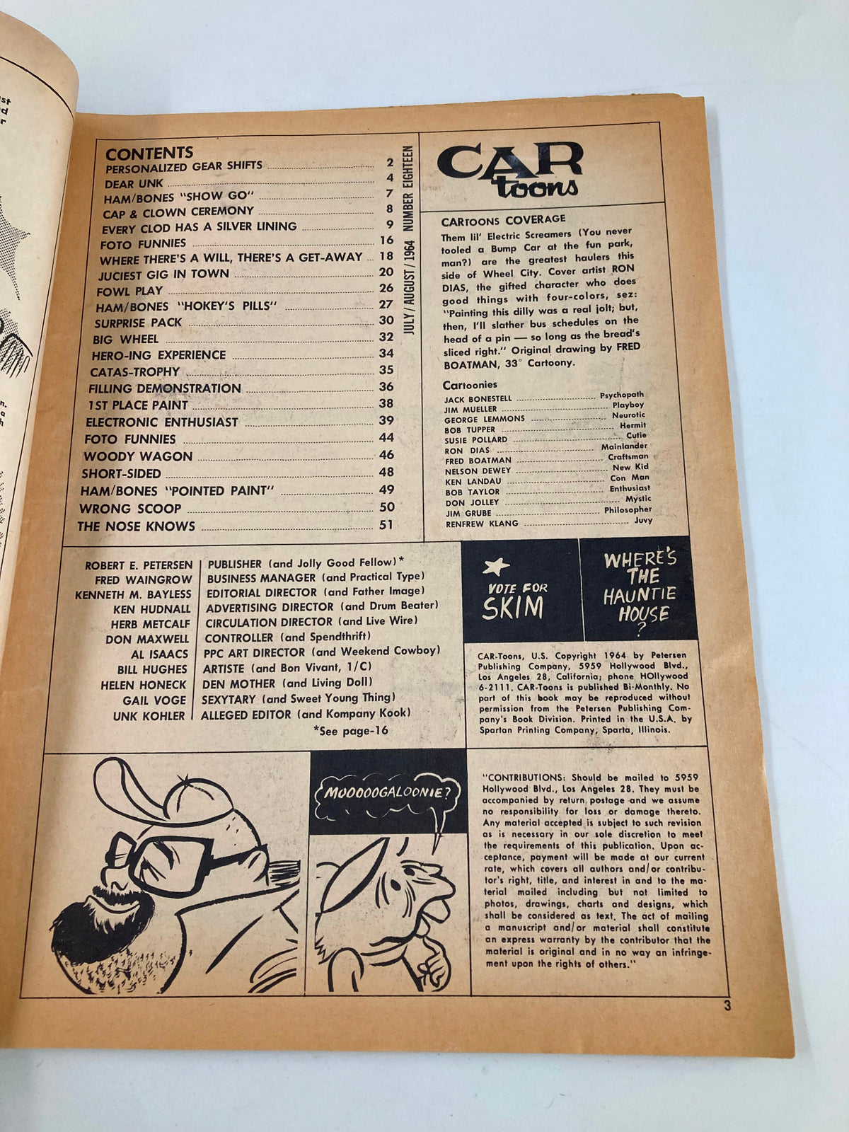 Contents page of VTG Car-Toons Magazine, August 1964, showcasing articles and comic features including Ham/Bones Show Go and Hokey's Pills.