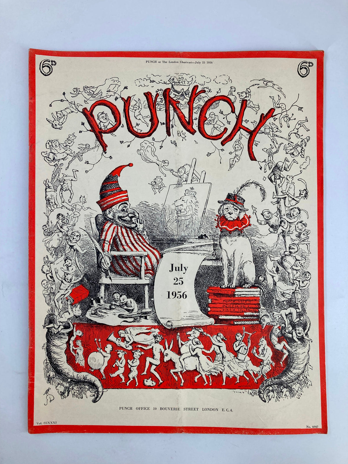 Vintage Punch Magazine July 25 1956 cover featuring whimsical illustrations, a clown, and a fancy cat, showcasing artistic design of the era.