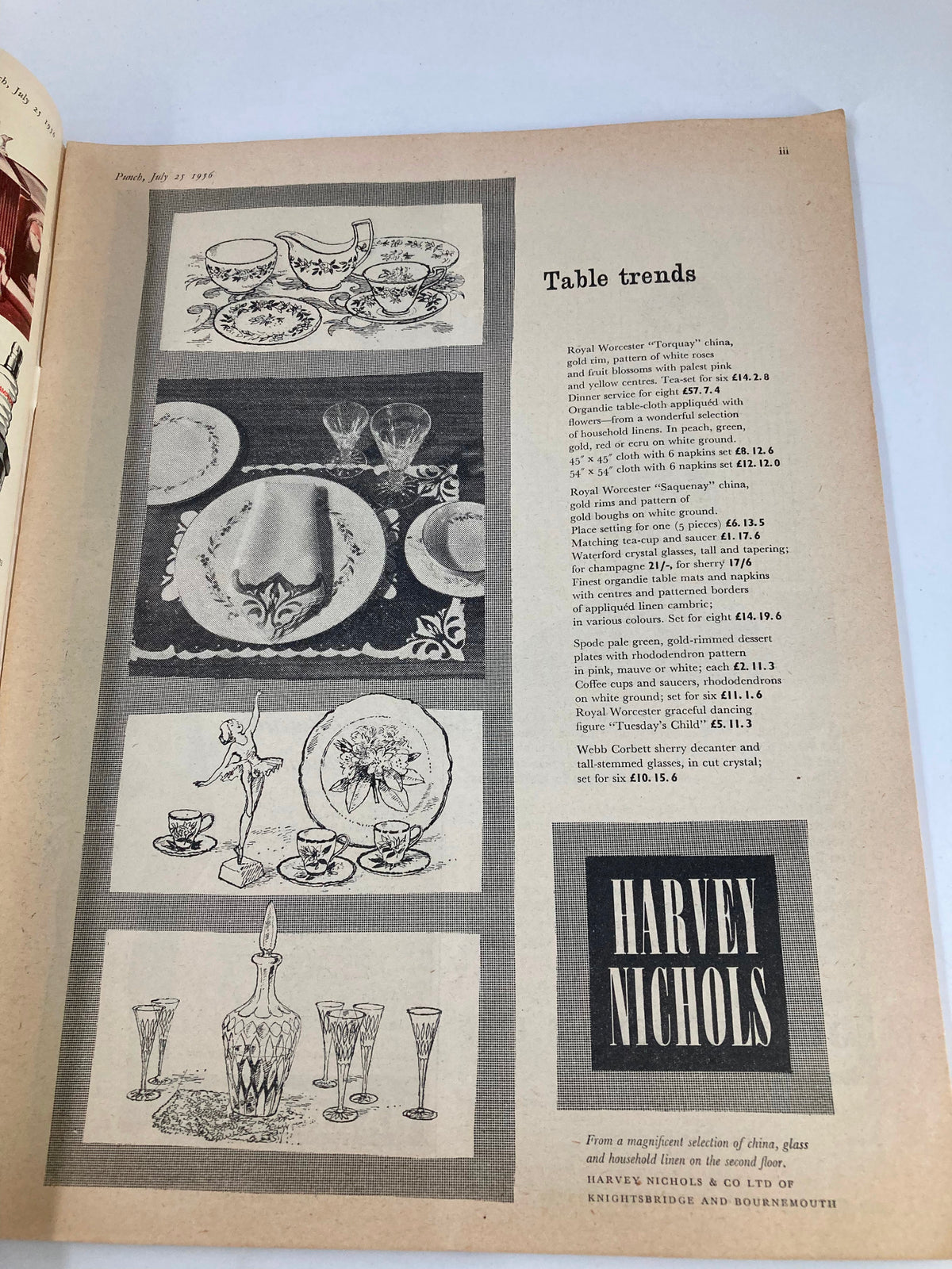 Inside page of Vintage Punch Magazine July 25 1956 displaying Royal Worcester Torquay china offerings and elegant table settings, highlighting 1950s design trends.