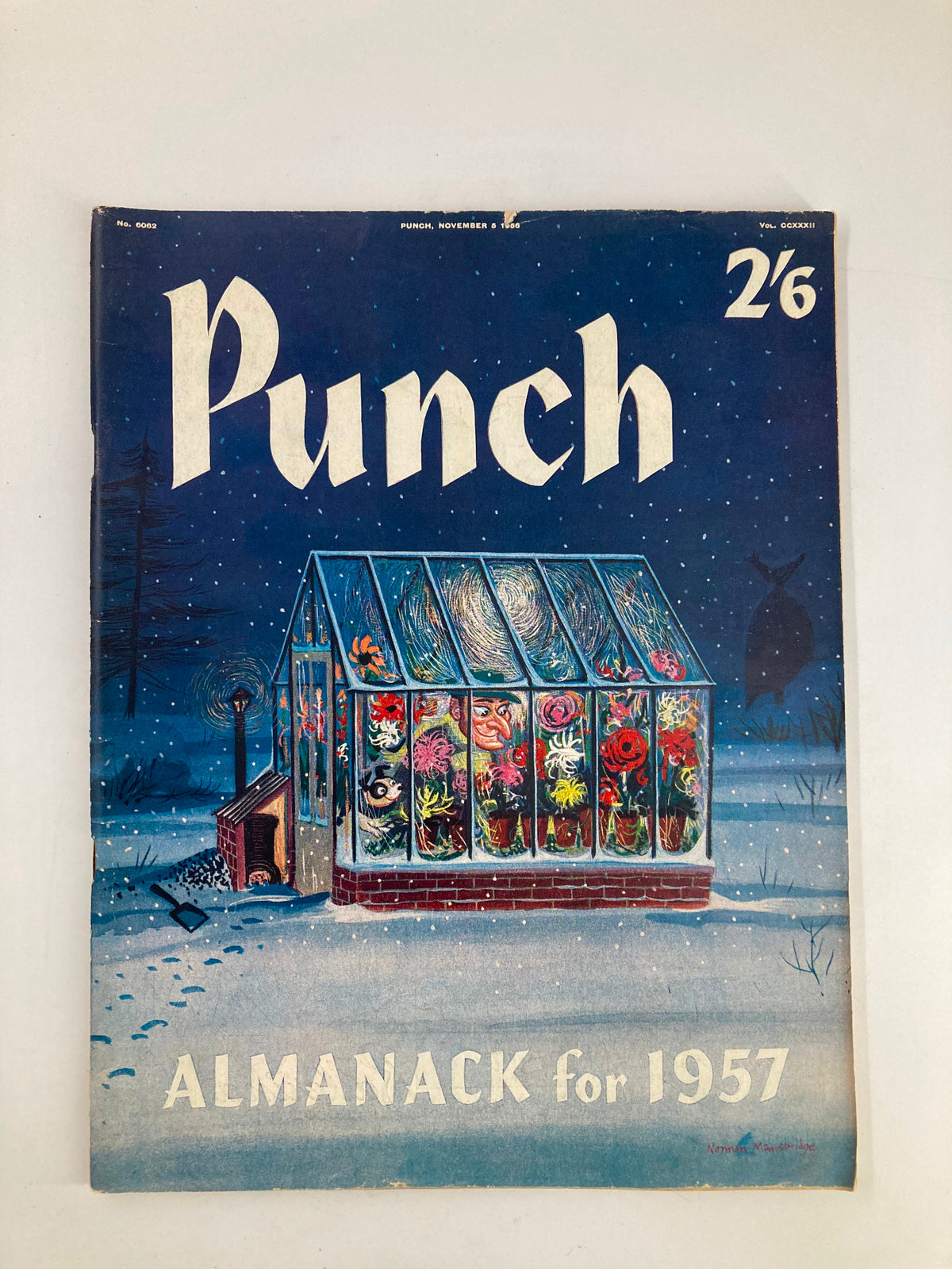 Cover of VTG Punch Magazine from November 5, 1956 featuring the title 'Punch' and the text 'ALMANACK for 1957', showcasing a colorful illustration of a greenhouse with flowers against a starry night background.