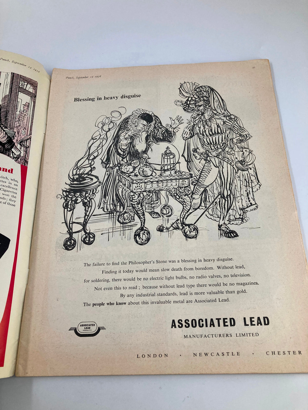 VTG Punch Magazine September 12 1956 'Blessing in Heavy Disguise' illustration featuring two characters in a whimsical scene with a table of objects, reflecting the humor of the era.