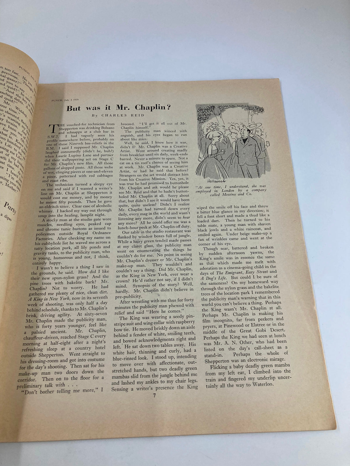 Article titled 'But was it Mr. Chaplin?' from the VTG Punch Magazine July 4 1956, featuring comic illustration and witty narrative popular in mid-20th century humor.