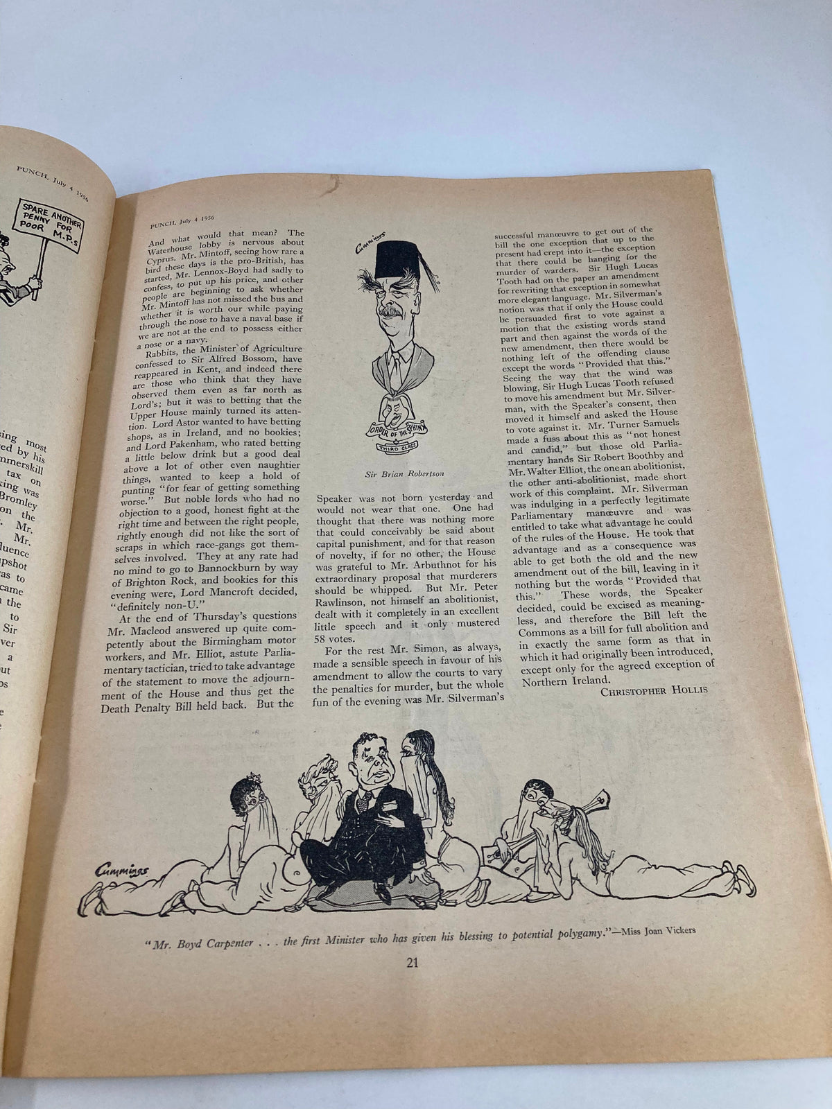 Political cartoon and article from the VTG Punch Magazine July 4 1956, with satirical commentary on contemporary events and societal issues of the time.