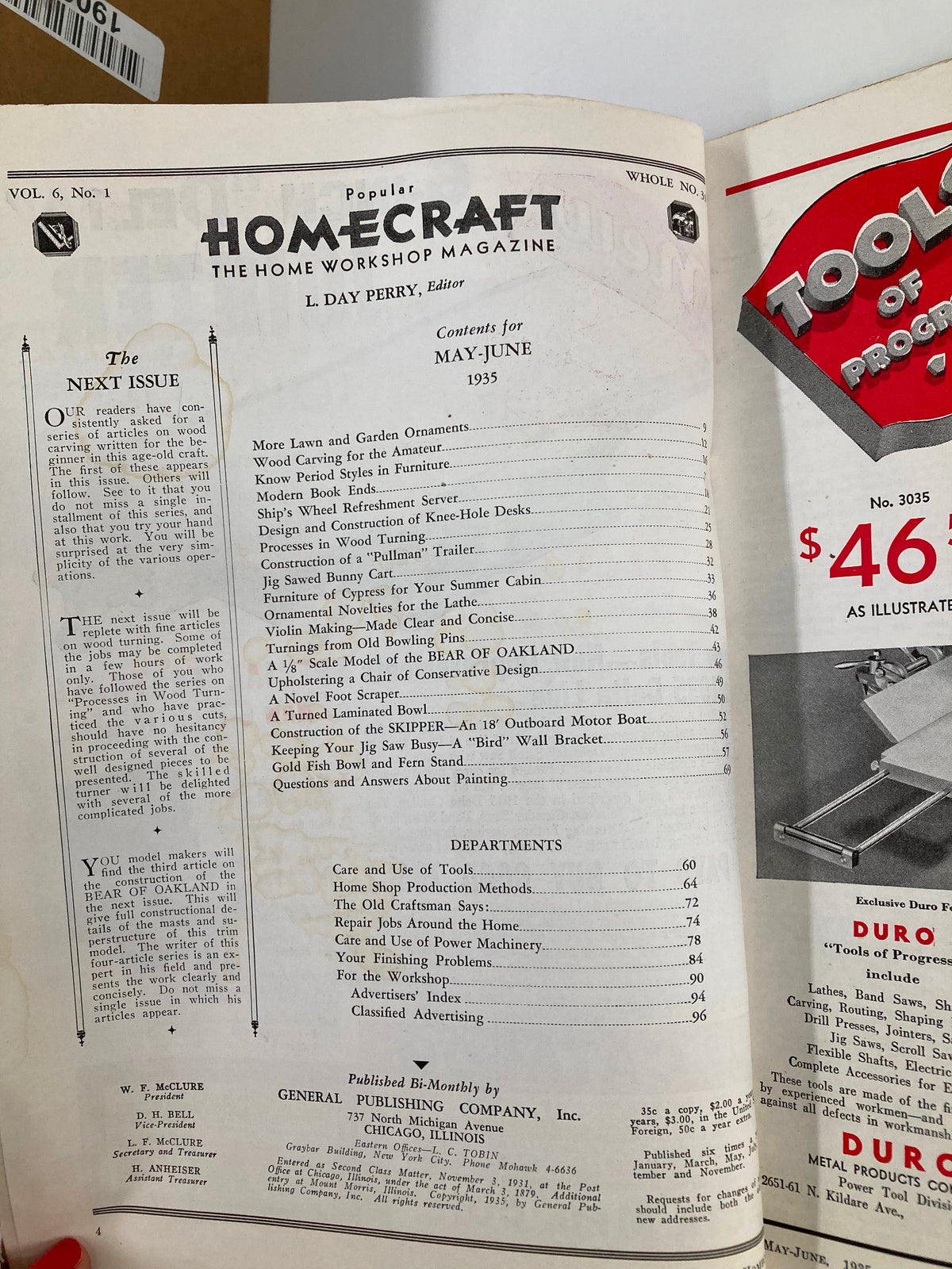 Contents page of the Popular Homecraft Magazine, May 1935 edition, listing articles including 'The Skipper,' an 18-foot outboard motor boat, and various DIY projects for woodworking and home crafts.
