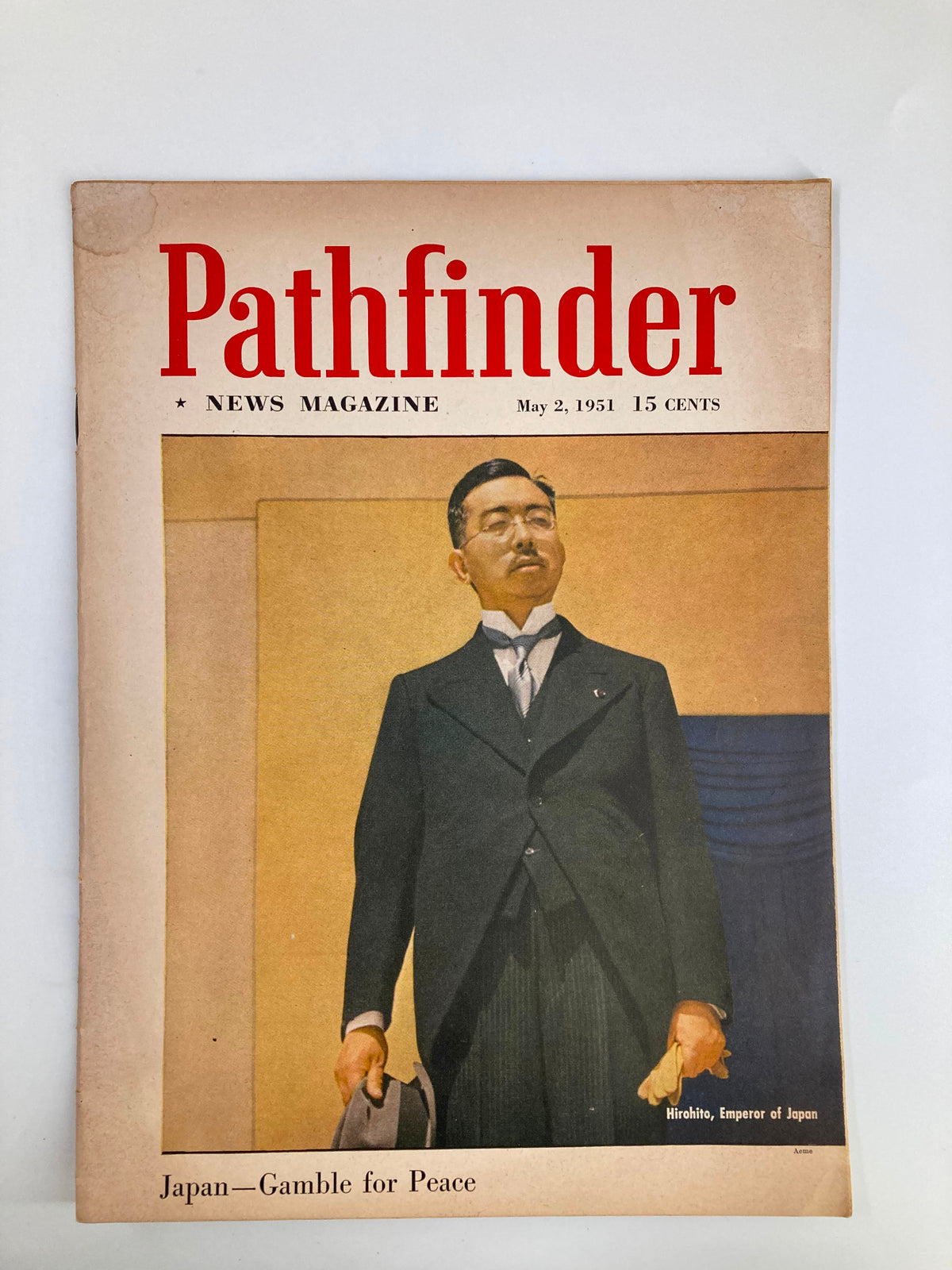 Vintage Pathfinder News Magazine cover from May 2, 1951, featuring Hirohito, the Emperor of Japan, with the headline 'Japan—Gamble for Peace'. The cover showcases a painted image of Hirohito in formal attire.
