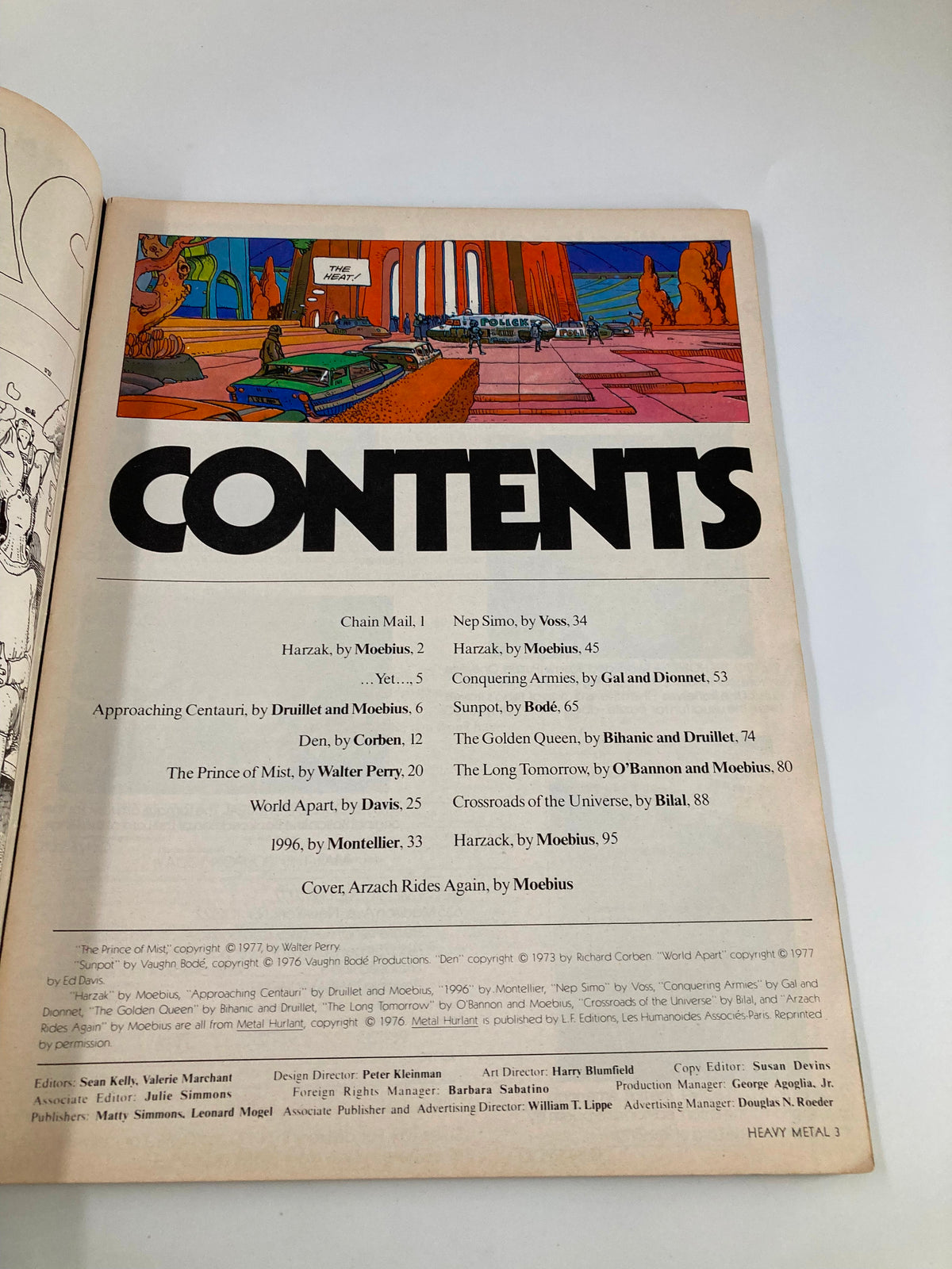 Contents page of VTG Heavy Metal Magazine July 1977, featuring the title and illustrations that highlight the magazine's artistic contributions.