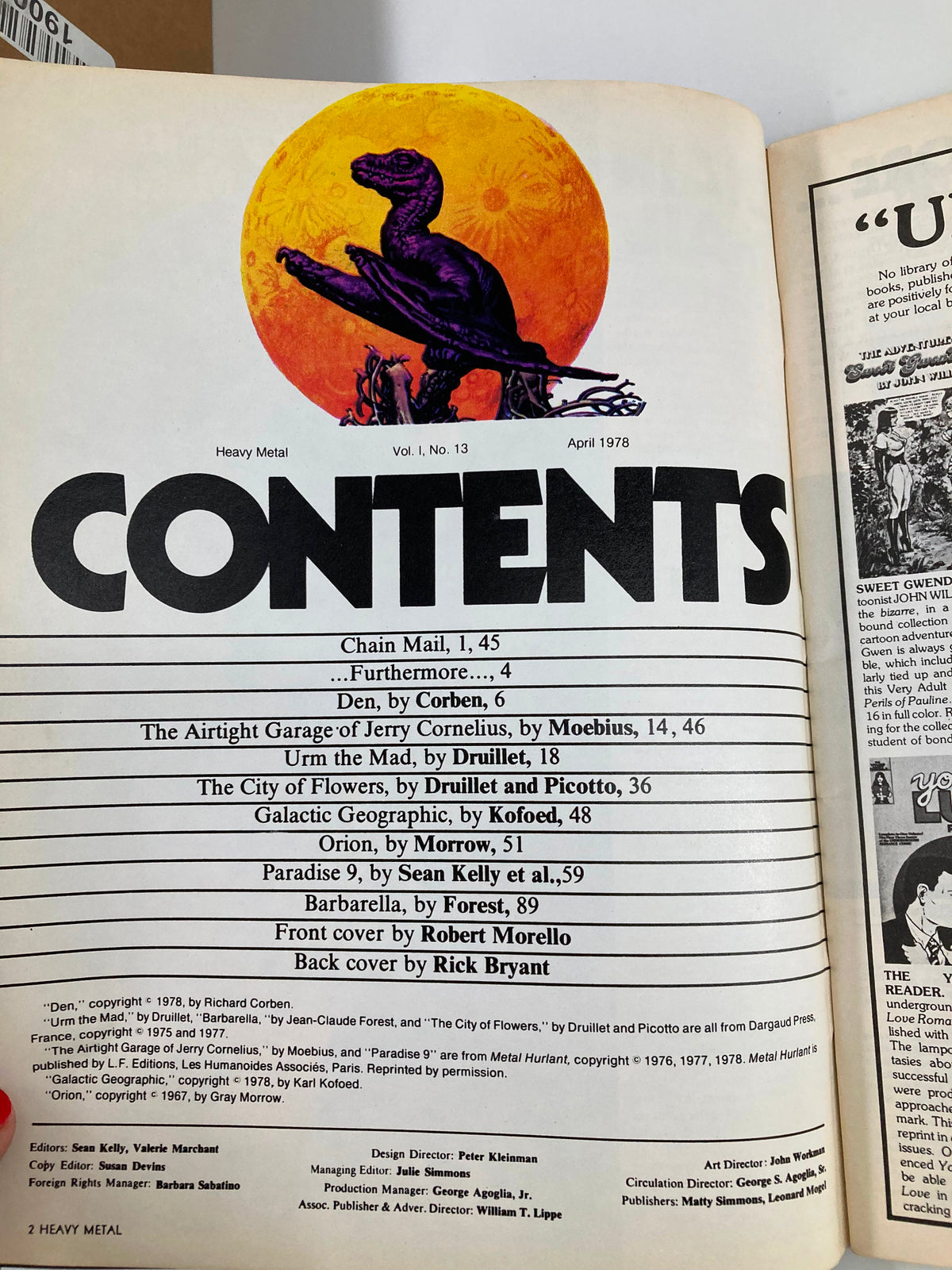 Contents page of the VTG Heavy Metal Magazine April 1978, listing various stories including 'The Airtight Garage of Jerry Cornelius' and other artistic contributions from that era.